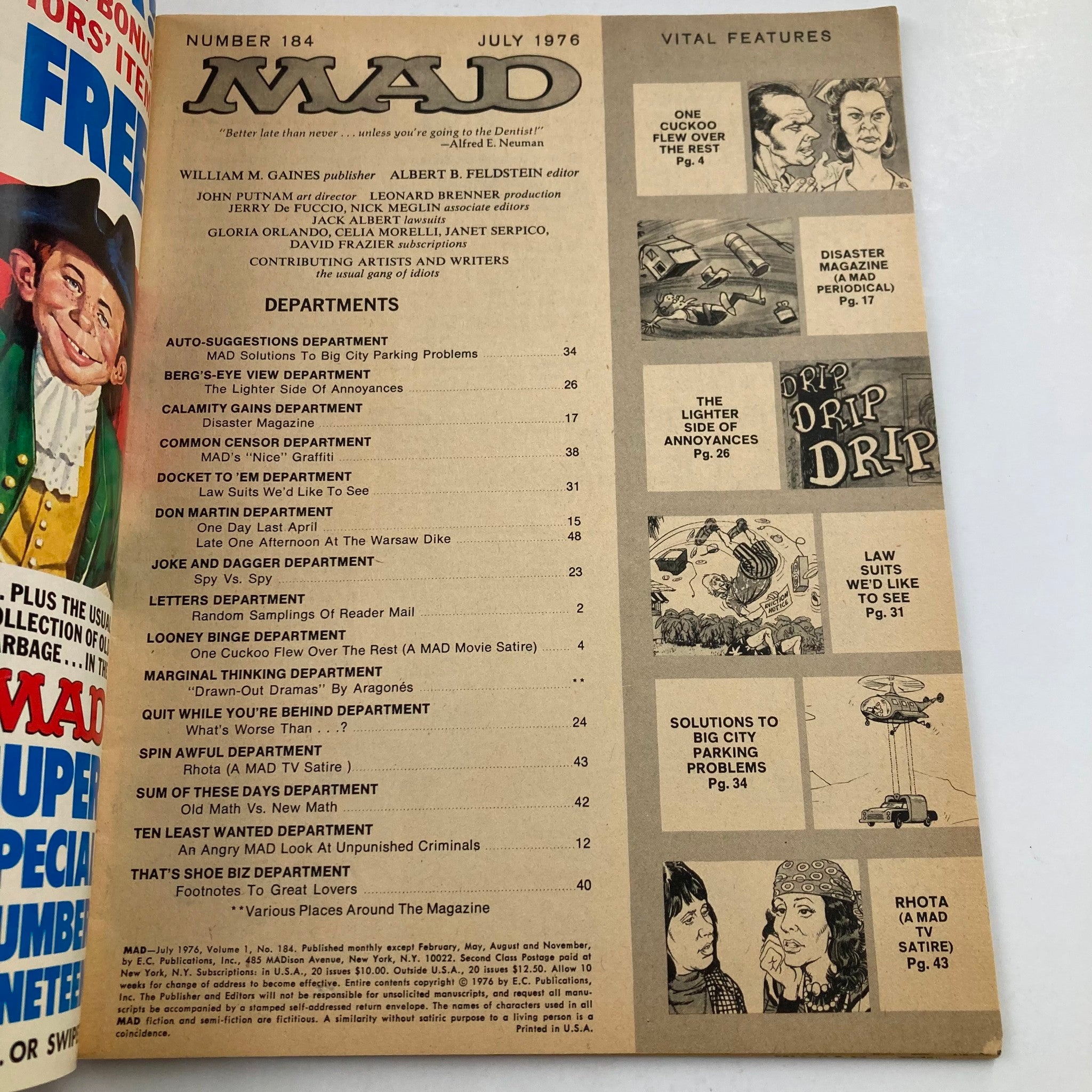 Inside page of Mad Magazine July 1976 No. 184 showcasing the table of contents with various article titles and features, reflecting the satire and humor of the era.