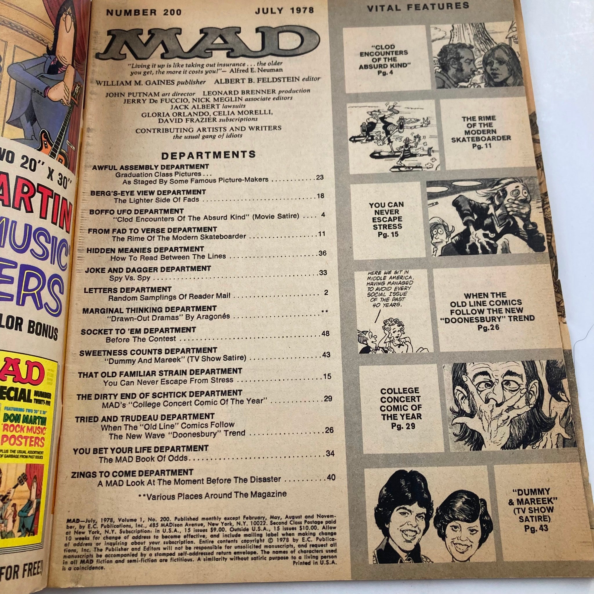 Interior of Mad Magazine July 1978 No. 200 displaying the table of contents and various sections including satire on movies and pop culture.