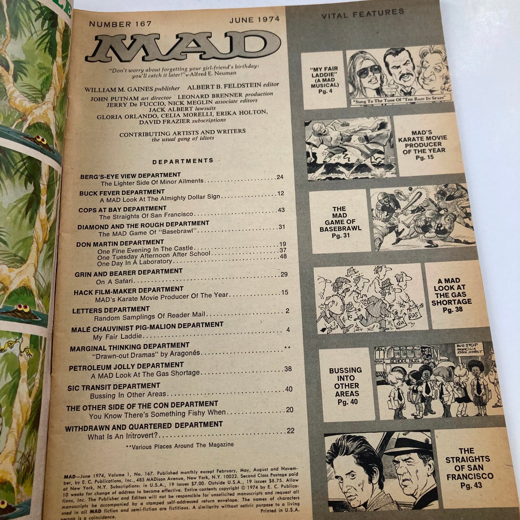 Inside page of Mad Magazine June 1974 No. 167 displaying the table of contents with featured sections including 'My Fair Laddie: A Mad Musical', highlighting various comedic departments.