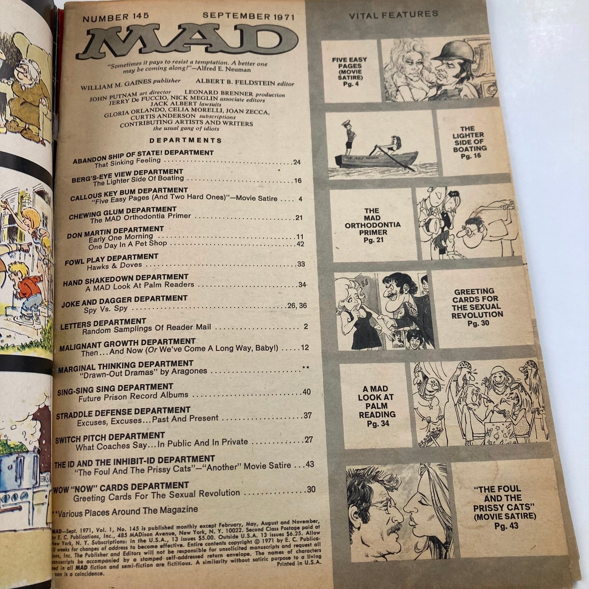 Table of contents from Mad Magazine September 1971 No. 145, showcasing various sections and features including satire on cultural topics and movie parodies.