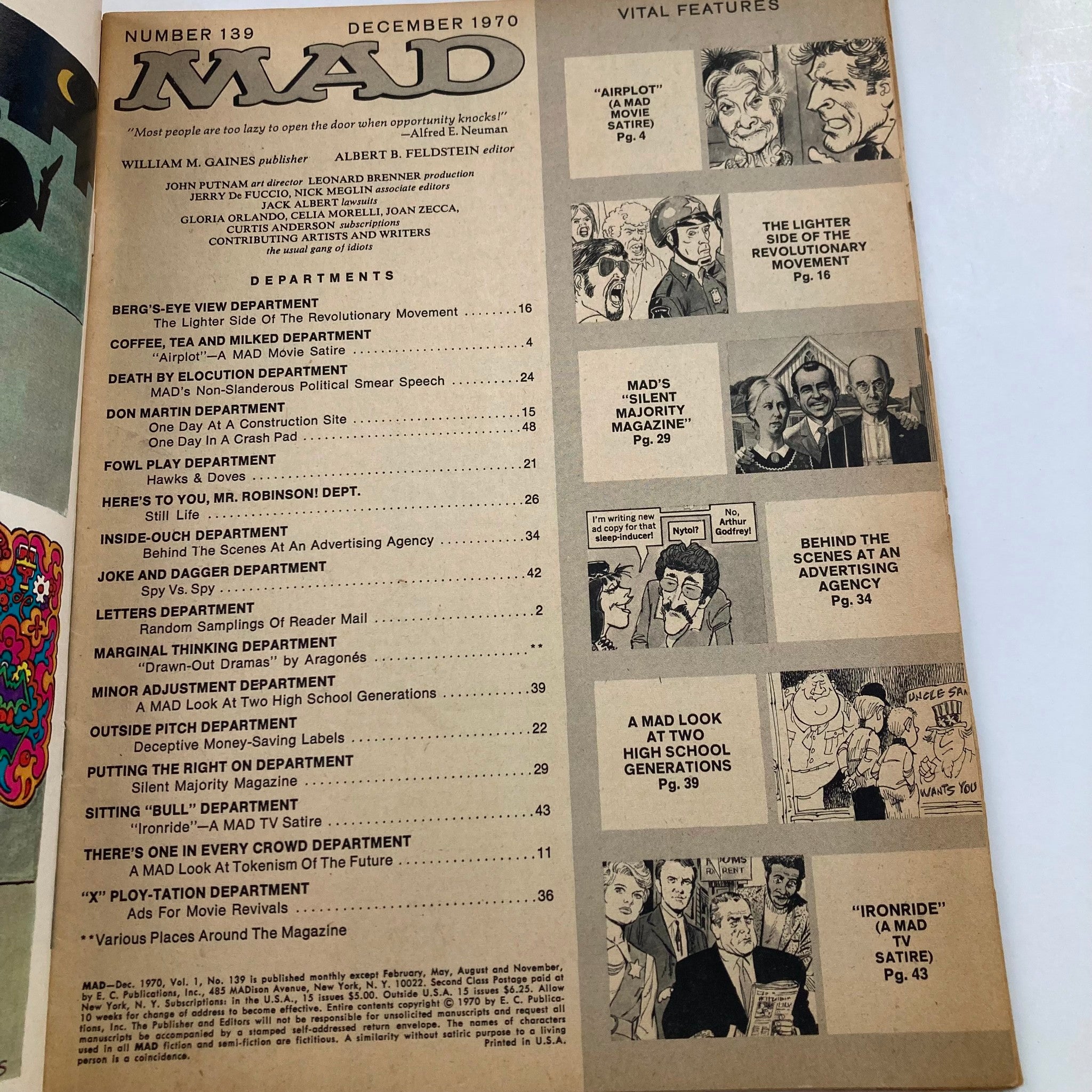 Table of contents page from Mad Magazine December 1970 No. 139, featuring listed departments and articles, showcasing the magazine’s vintage layout and features.