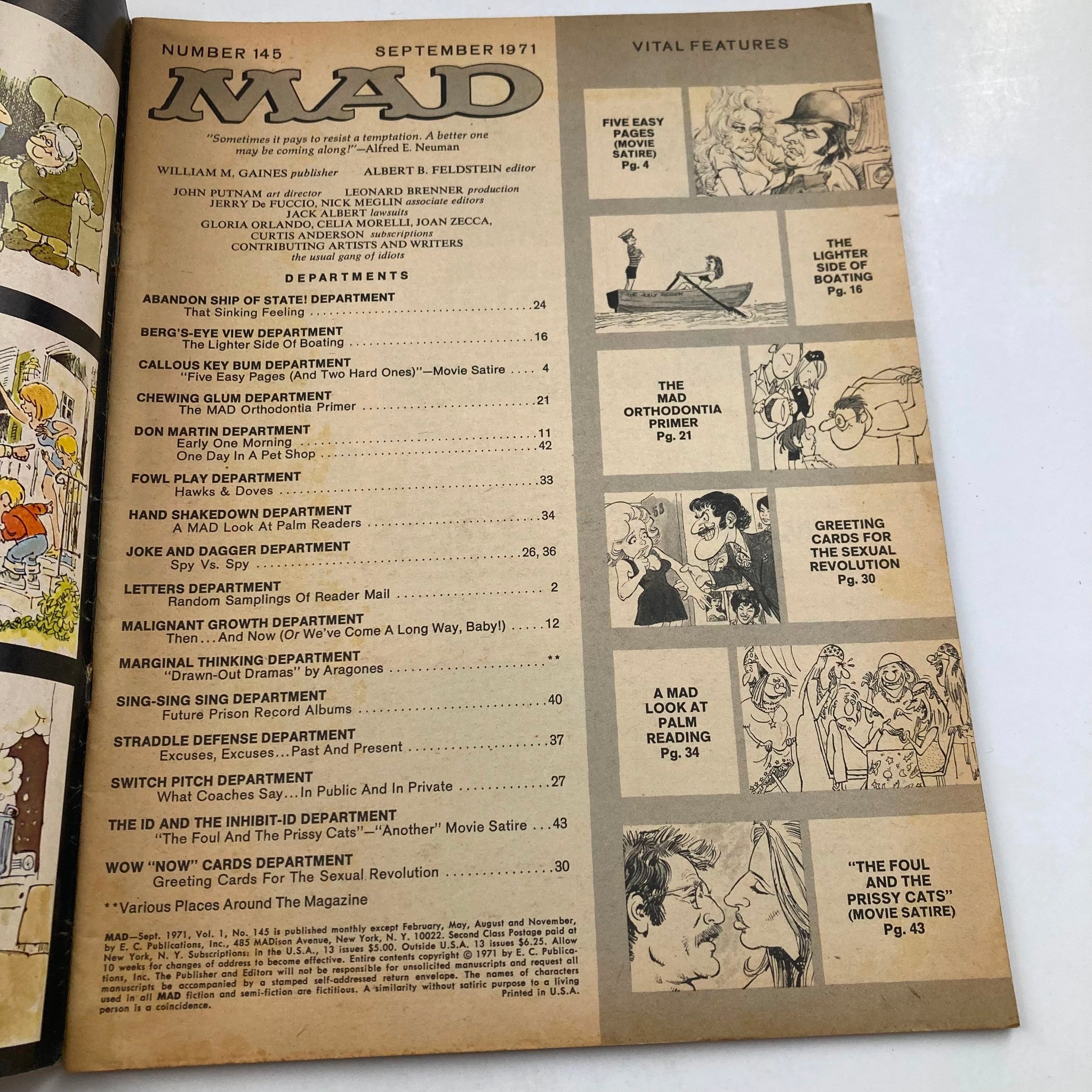 Interior page of Mad Magazine September 1971 Issue No. 145 displaying the table of contents with various satirical departments and features, highlighting the issue's content.