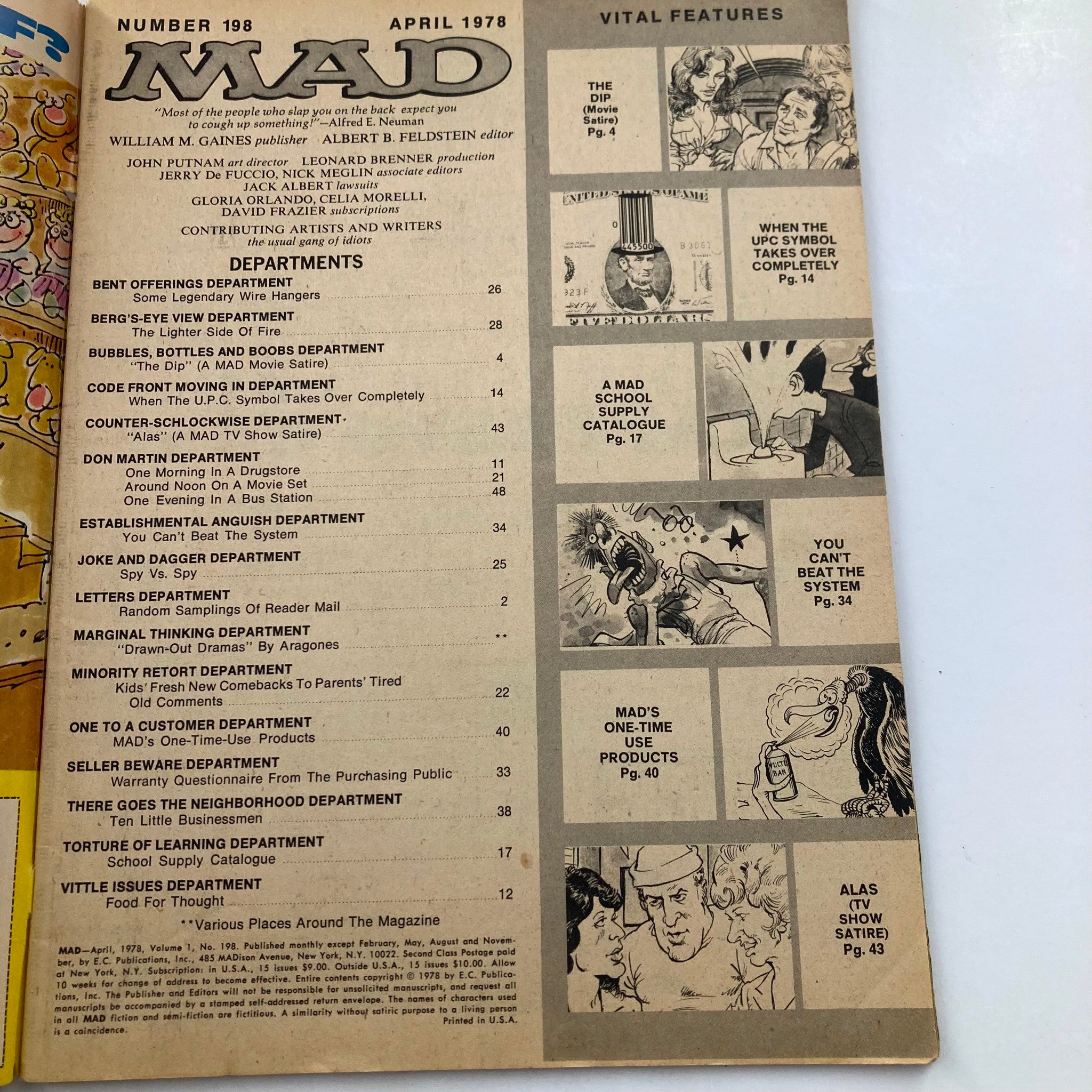 Inside contents page of Mad Magazine April 1978 No. 198, outlining various departments and features, showcasing the magazine's satirical approach to pop culture and technology in the late 1970s.
