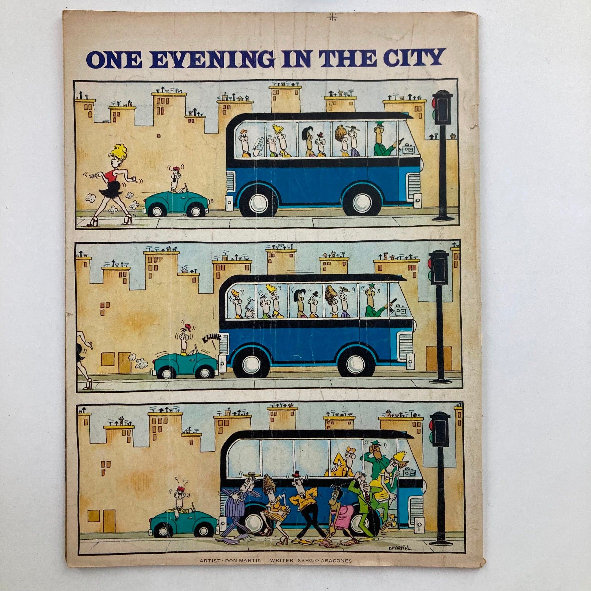 Illustration from Mad Magazine April 1978 No. 198 titled 'ONE EVENING IN THE CITY', depicting humorous scenes with characters and vehicles, highlighting the magazine's traditional comedic style.