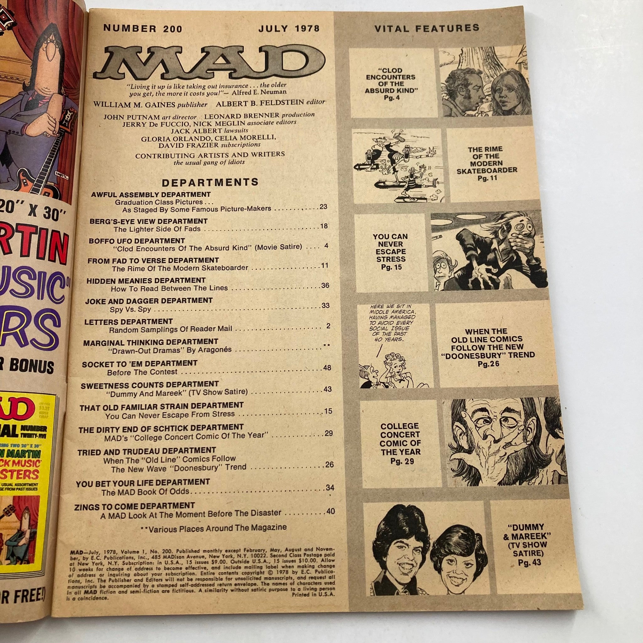Contents page of Mad Magazine July 1978 No. 200, outlining the key features and departments of this vintage issue, including cultural satire and humor.