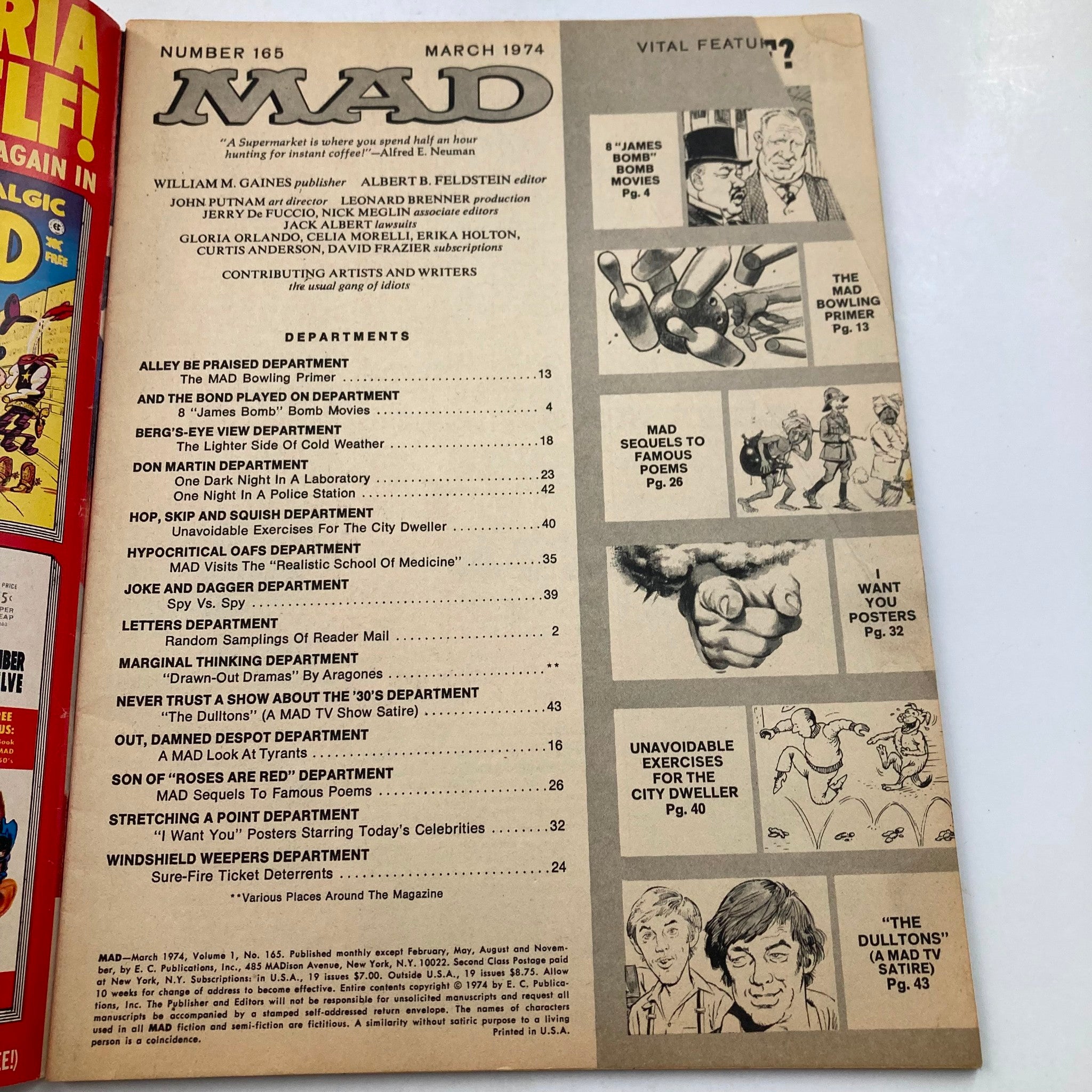 Contents page of Mad Magazine March 1974 No. 165 listing various departments and features including 'The Bond Panel' and 'James Bomb' movies, reflecting the humor and satire typical of the issue.