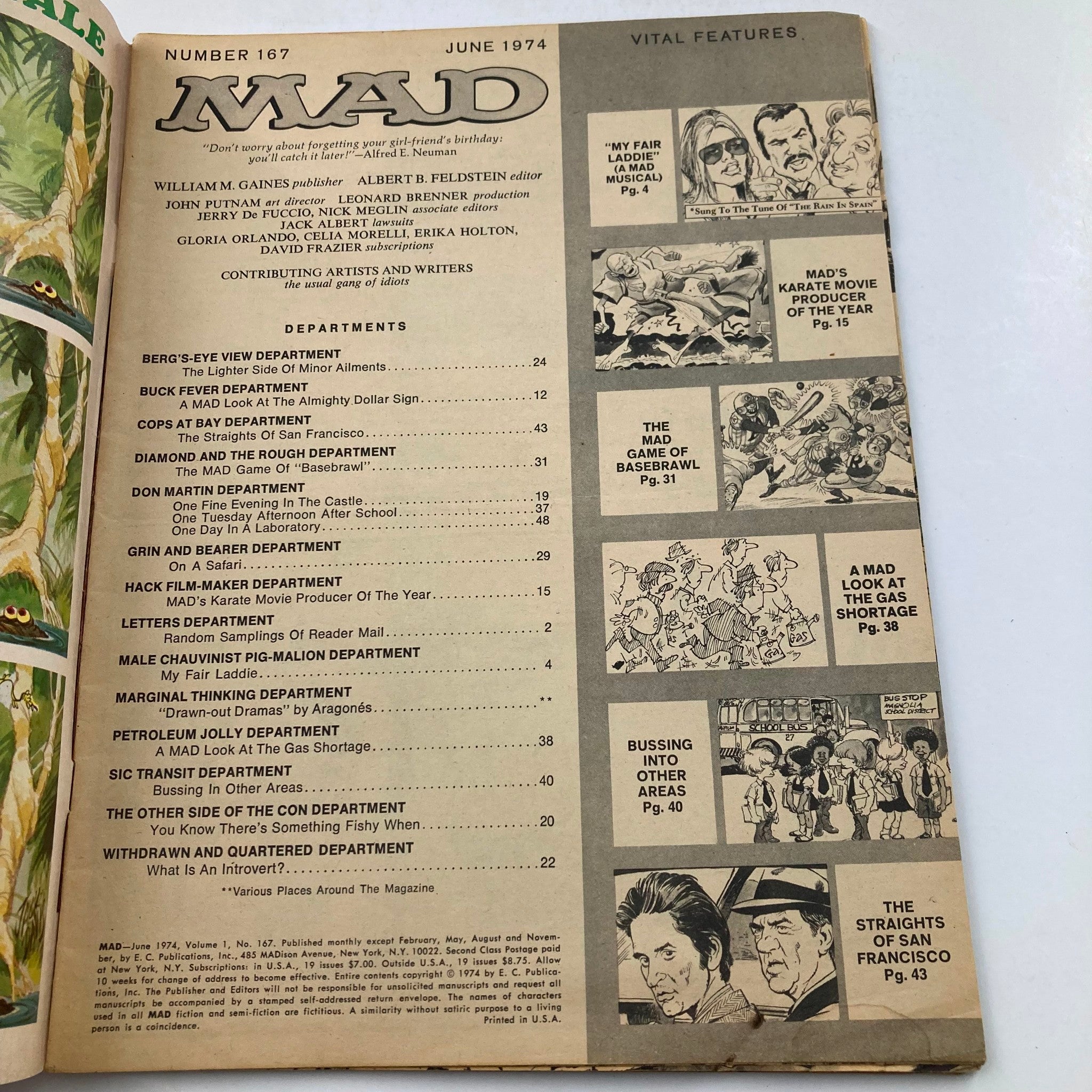 Interior page of Mad Magazine June 1974 No. 167, showcasing the table of contents with various departments and comic features listed.