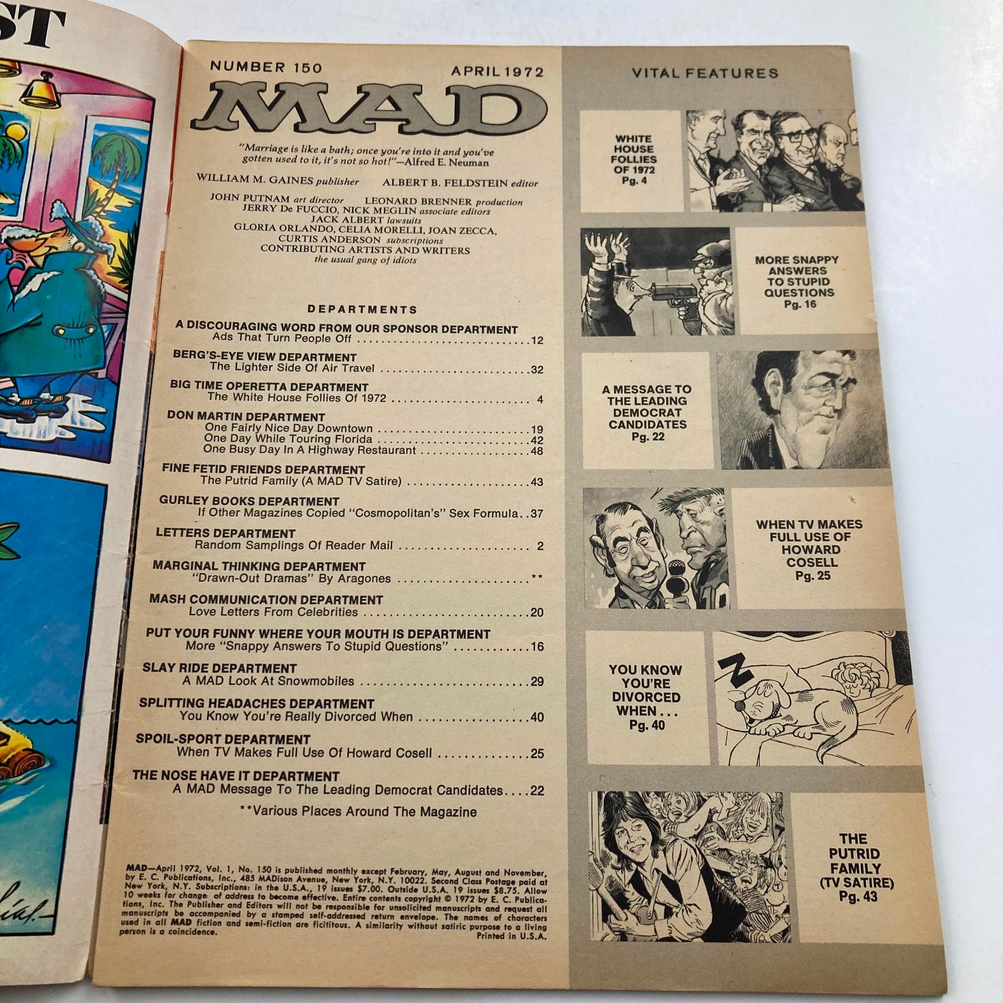 Interior page of Mad Magazine April 1972 No. 150 displaying the table of contents, highlighting various featured sections such as 'White House Follies' and 'A Message to the Leading Democrat Candidates', alongside contributions from noted artists and writers.