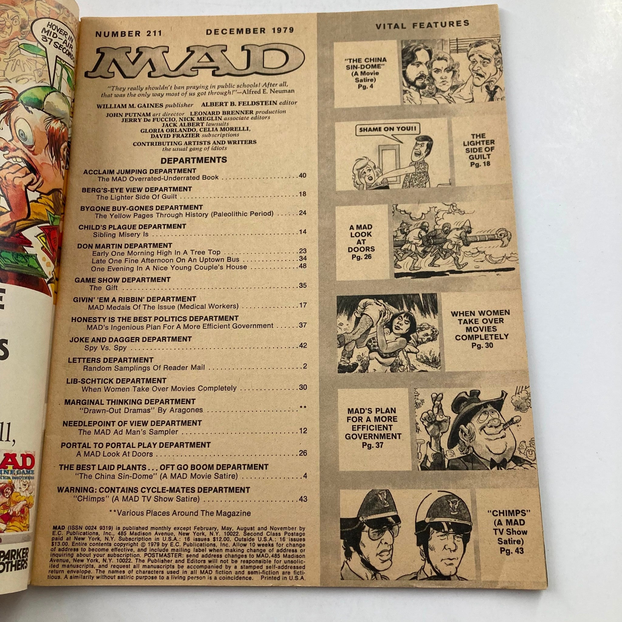 Interior page of Mad Magazine December 1979 No. 211 showing vital features and departments, including the content list for the issue titled "The China Sin-Dome".