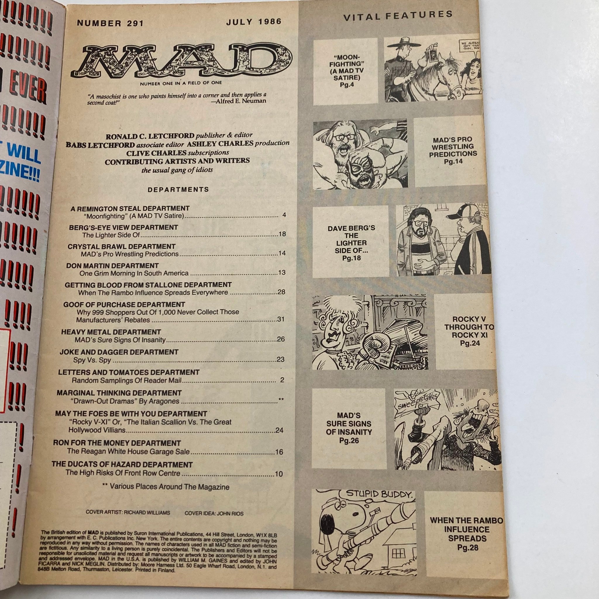 Interior page of Mad Magazine July 1986, featuring the title and content layout. Includes 'Moon Fighting' segment and other comedic sections, showcasing the humor and artistic style reminiscent of vintage comic magazines.
