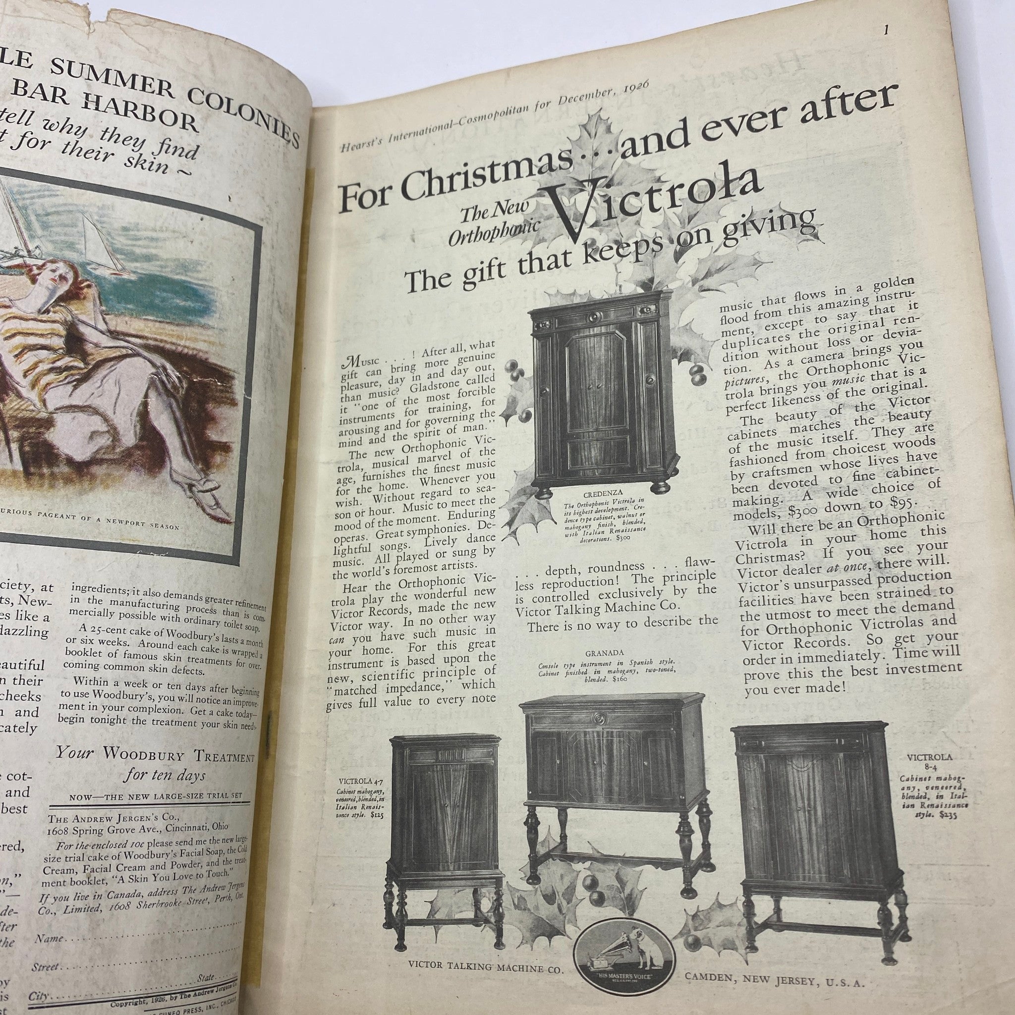 Interior page of the VTG Cosmopolitan Magazine December 1926 featuring an advertisement for Victrola, showcasing vintage furniture.