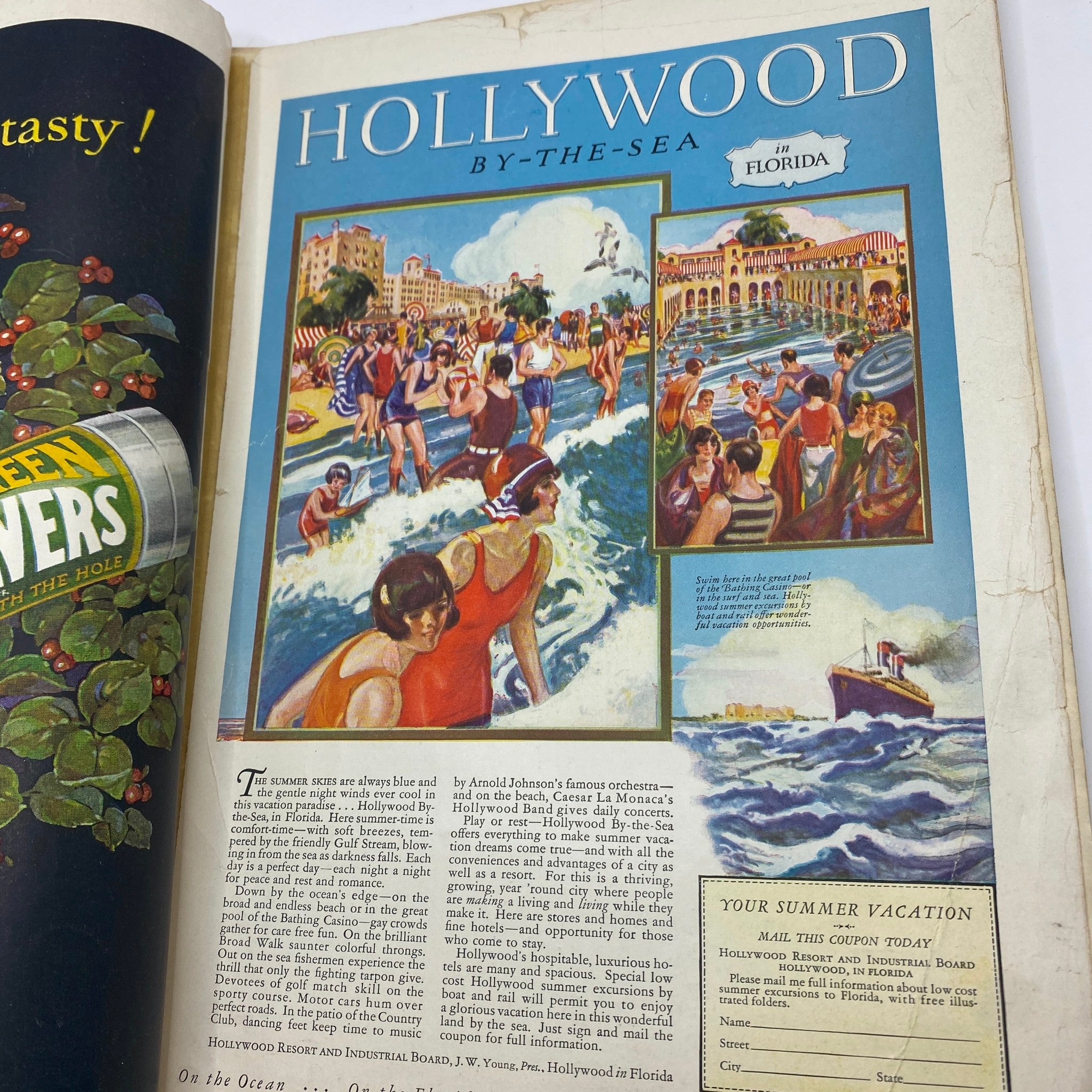 Interior page of the VTG Cosmopolitan Magazine from December 1926 displaying a colorful advertisement for Hollywood, Florida, highlighting summer activities.