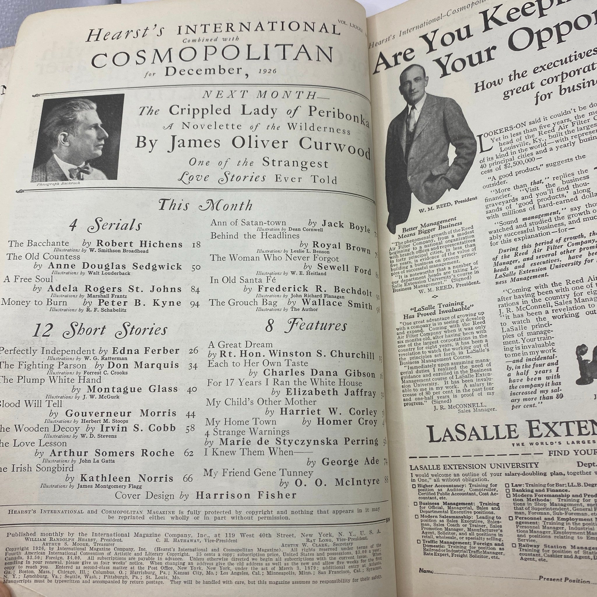 Interior page of the Cosmopolitan Magazine December 1926 showcasing feature articles including 'The Bacchante' and 'Are You Keeping Pace with Your Opportunities?'.