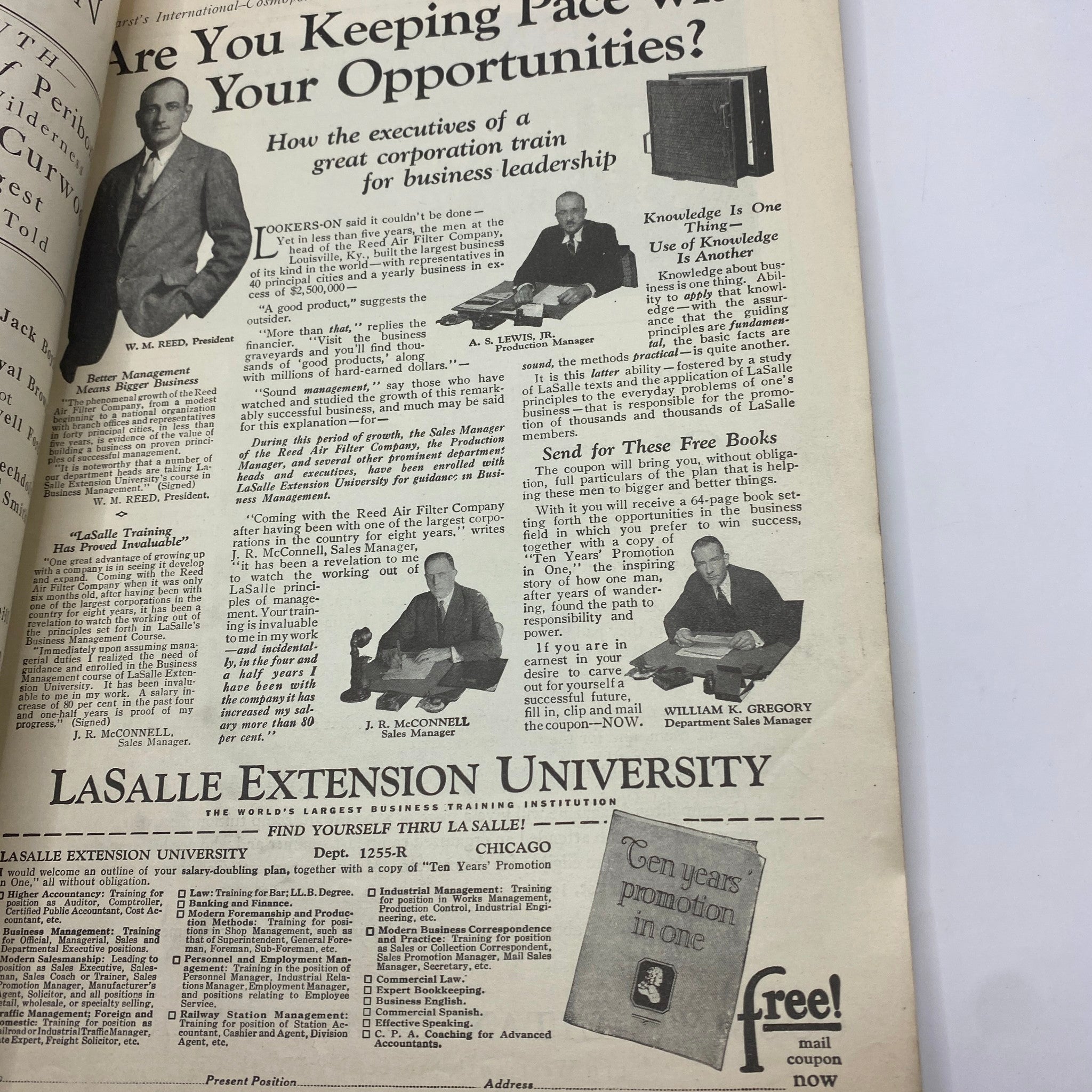 Advertisement from the Cosmopolitan Magazine December 1926 promoting the Lasalle Extension University and business training opportunities.