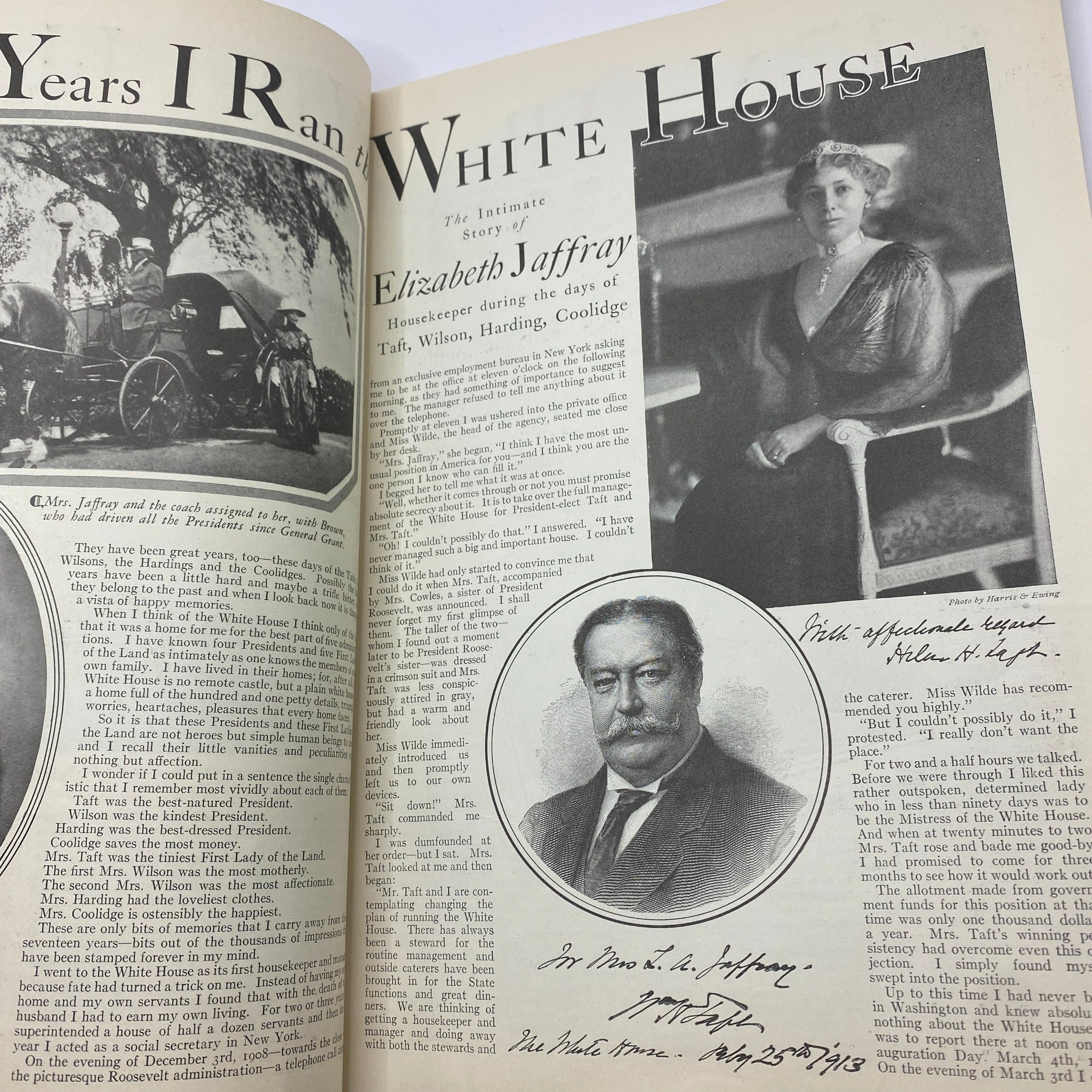 An intimate feature in the Cosmopolitan Magazine December 1926, highlighting the story of Elizabeth Jaffray, a housekeeper during the presidential era of Taft, Wilson, Harding, and Coolidge.
