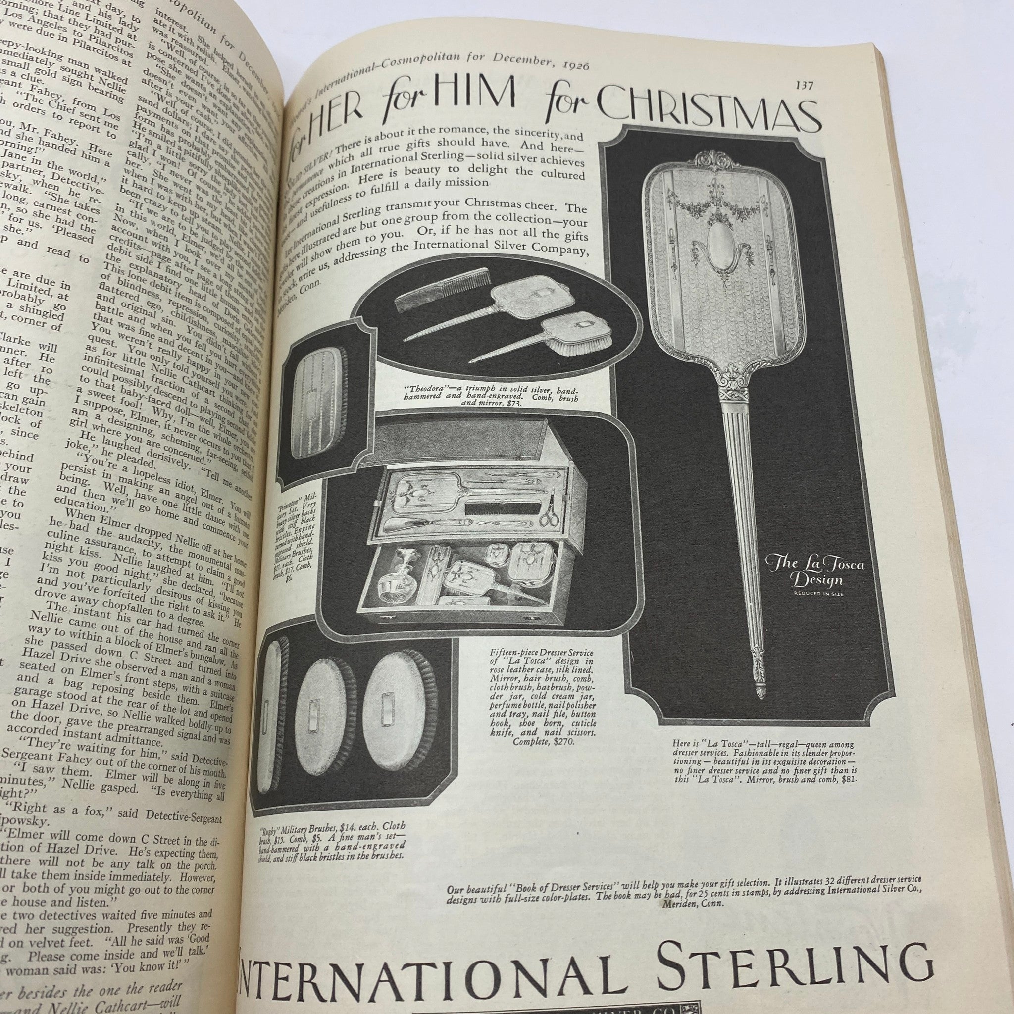 Advertisement page from VTG Cosmopolitan Magazine December 1926 showcasing Christmas gift ideas for men featuring International Sterling products.
