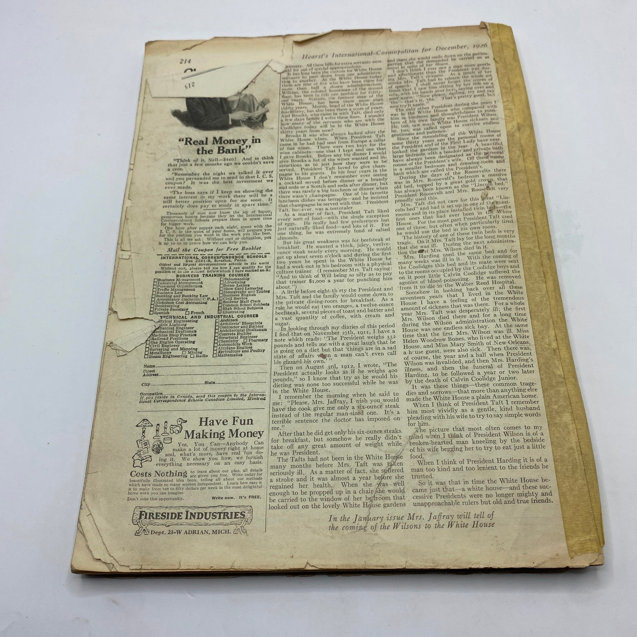 Back page of VTG Cosmopolitan Magazine December 1926 showing signs of wear and an article titled 'Reel Money in the Bank' discussing financial tips.