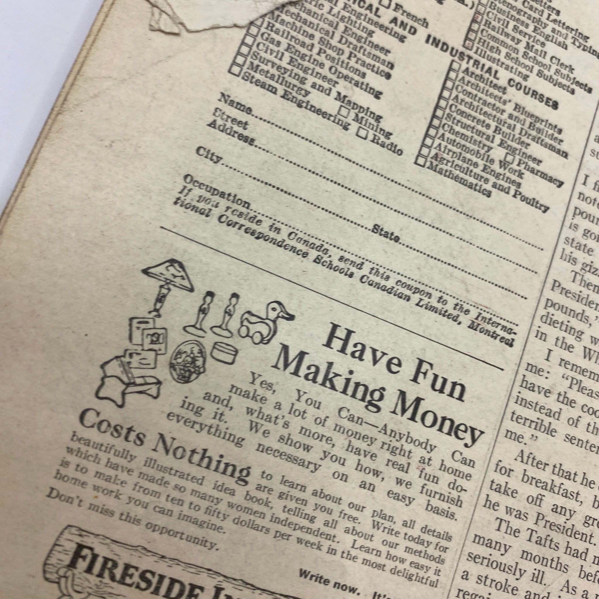A detailed section from VTG Cosmopolitan Magazine December 1926 featuring a promotional corner titled 'Have Fun Making Money' with vintage graphics.