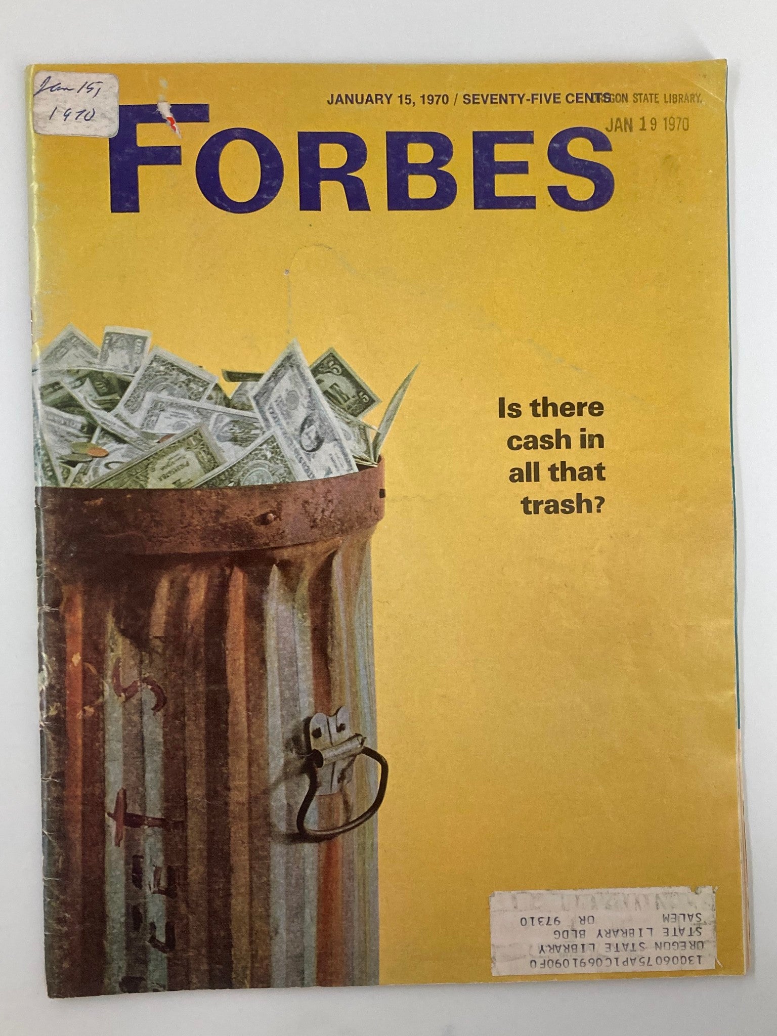 Cover of Forbes Magazine, January 15, 1970, featuring a trash can filled with cash and the headline 'Is there cash in all that trash?' This vintage magazine highlights Britain's Atomic Energy Authority and captures the essence of the era's advances in energy and technology.