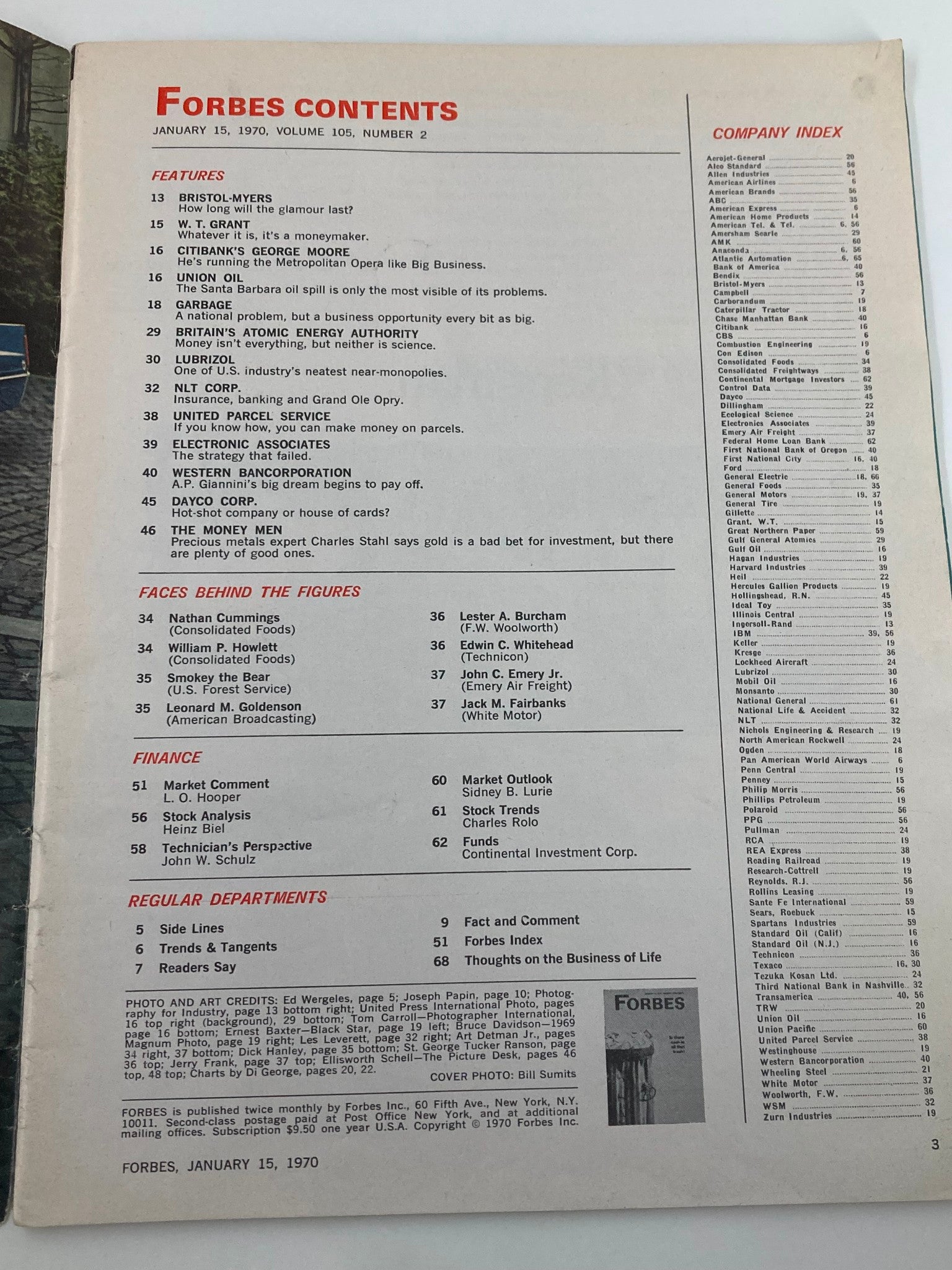 Contents page of Forbes Magazine, January 15, 1970, showcasing articles including features on Britain's Atomic Energy Authority and key business discussions. This page reflects the magazine's focus on significant technological developments during the late 1960s.