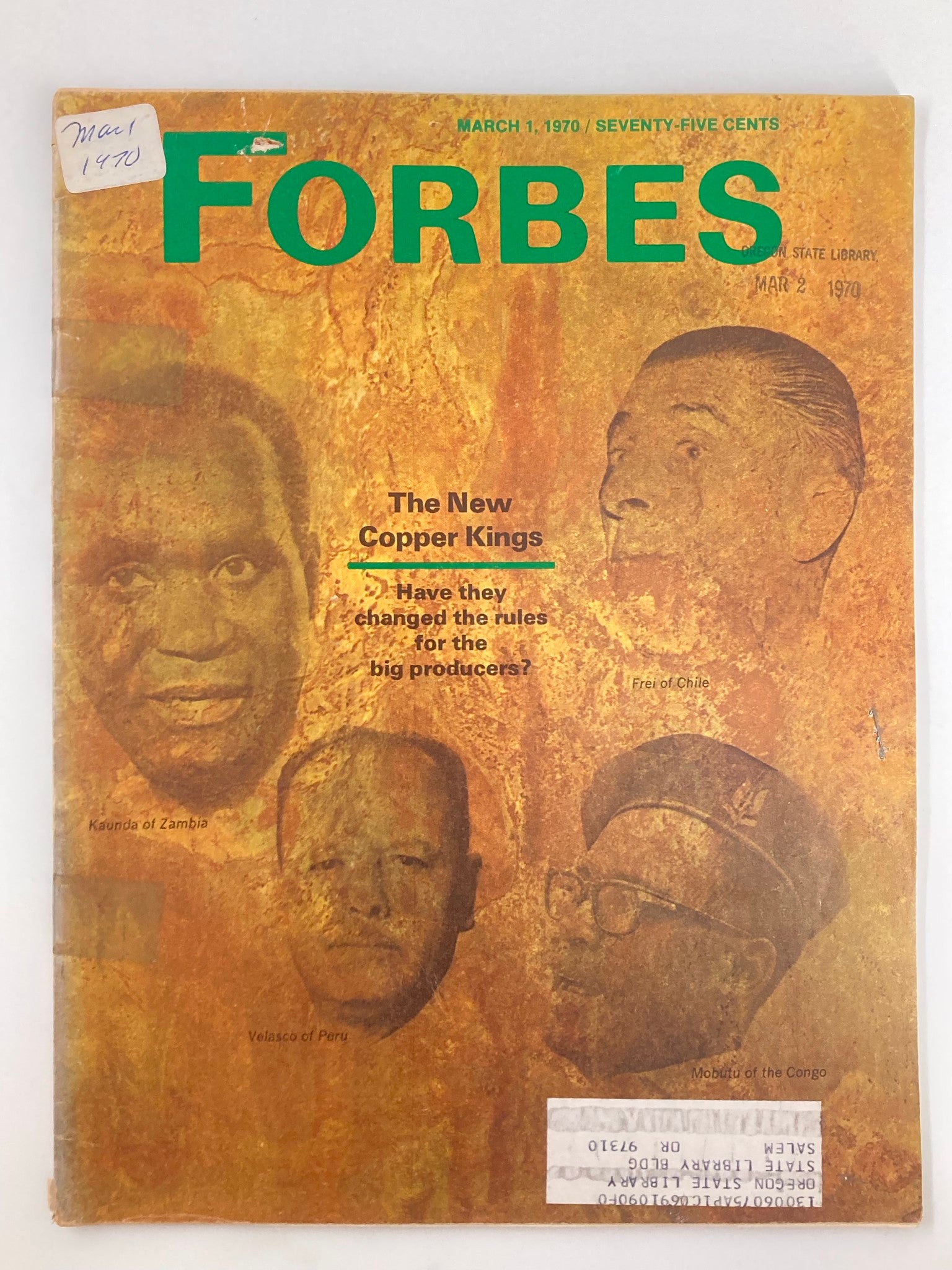 Cover of Forbes Magazine dated March 1, 1970 featuring the title 'The New Copper Kings'. The cover showcases prominent figures related to the copper industry, highlighting the theme of economic impact in the 1970s.