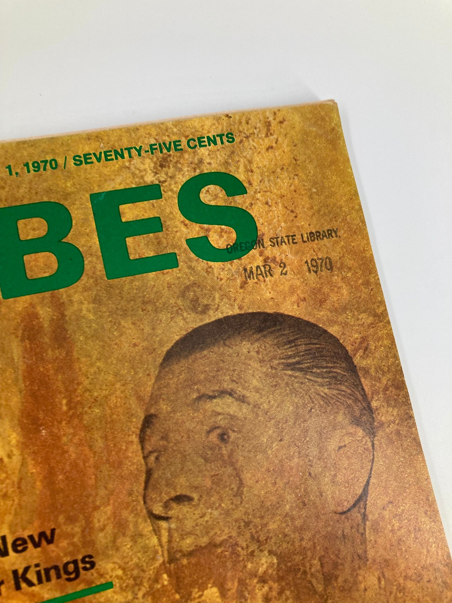 Detail from the Forbes Magazine cover dated March 1, 1970, showing the title and a stamped date from the Oregon State Library, emphasizing its historical significance.