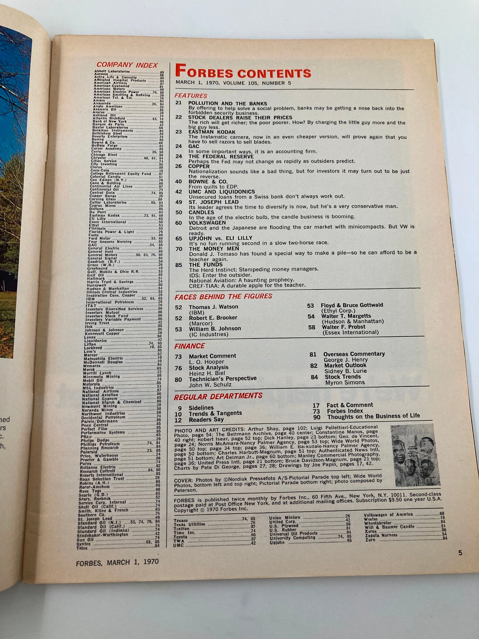 Forbes Magazine contents page from March 1, 1970, featuring articles on pollution, stock dealers, and the copper industry, highlighting significant topics such as economic commentary and finance insights in 'The New Copper Kings' issue.