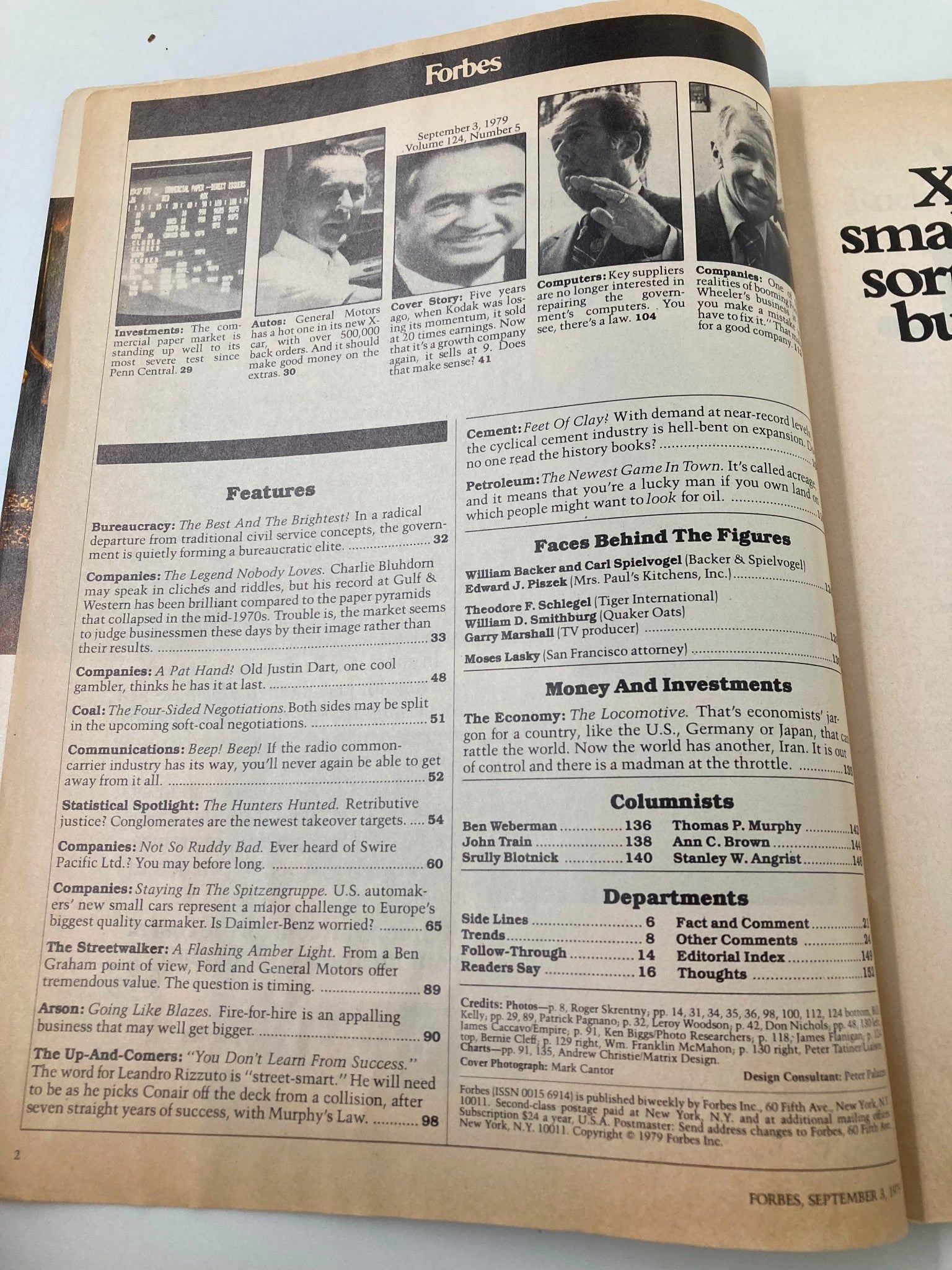 Interior page of Forbes Magazine from September 3, 1979, displaying articles and features relevant to the era, providing insights into consumer trends and innovations alongside the Kodak Colorburst 100 camera cover.