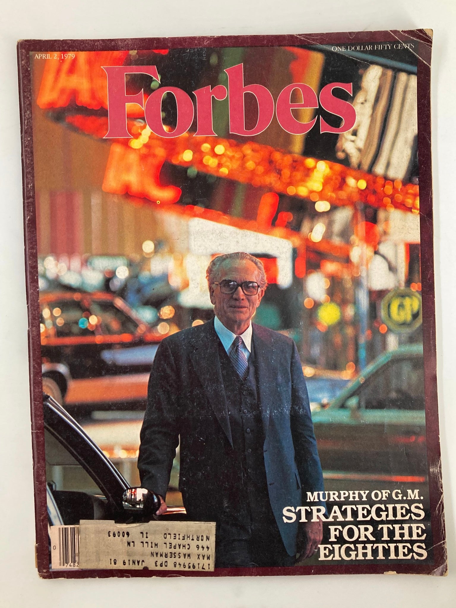 Vintage Forbes Magazine cover from April 2, 1979, featuring the title 'Murphy of G.M. Strategies for the Eighties', showcasing a businessman in formal attire against a brightly lit city background.