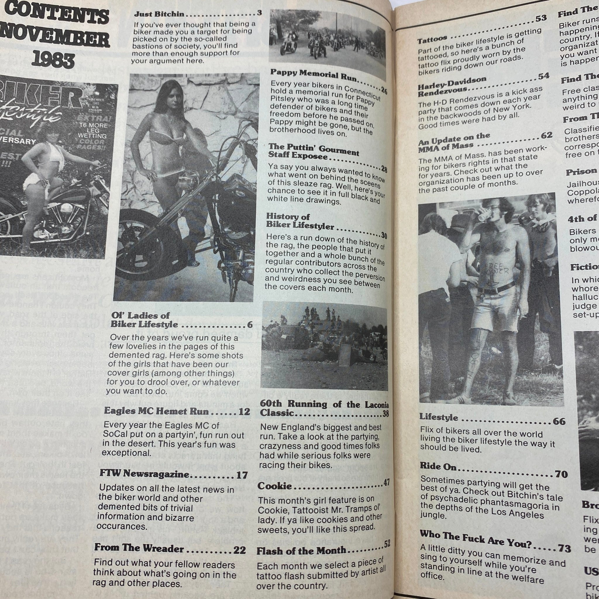 Contents page of Biker Lifestyle Magazine November 1983 Special Anniversary Issue showcasing articles on biker lifestyle, events, and features, alongside classic imagery from the magazine.