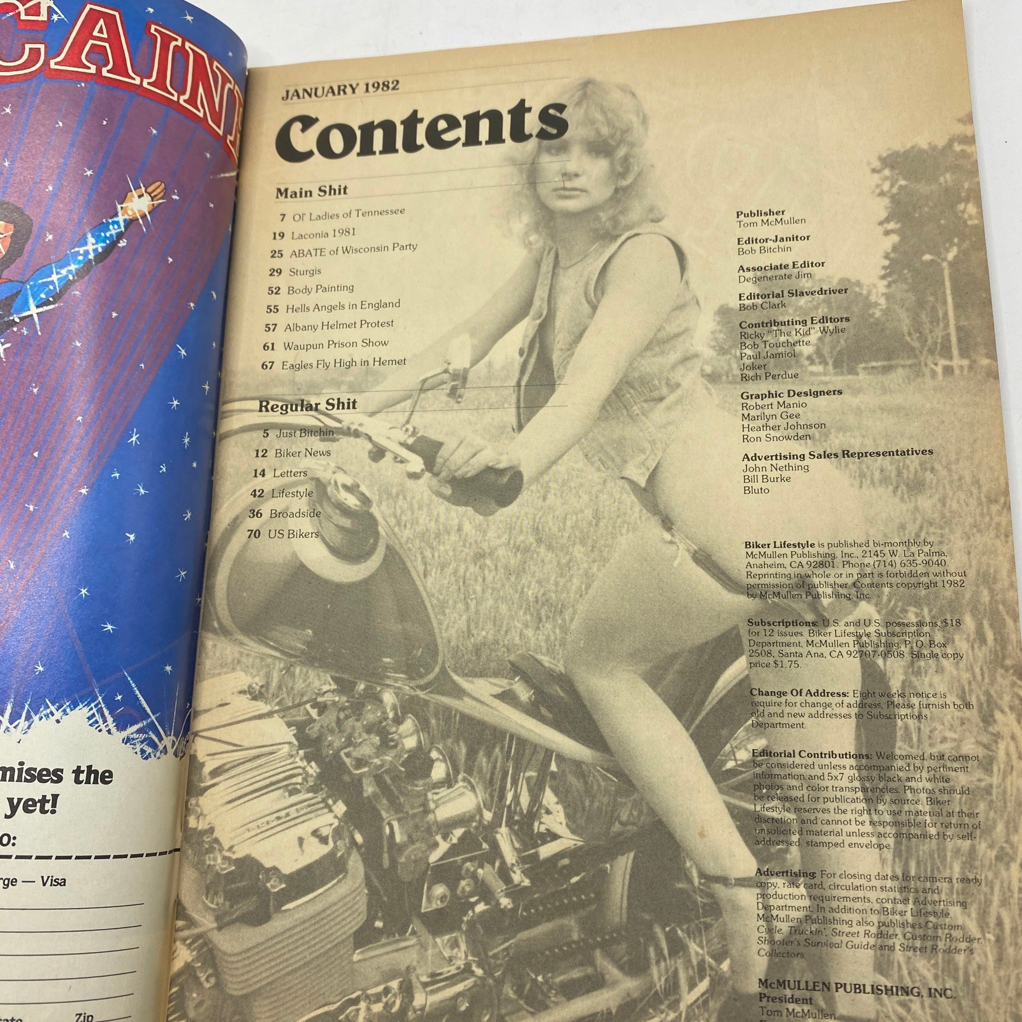 Contents page of the VTG Biker Lifestyle Magazine from January 1982, showcasing the list of articles including the Whole Sturgis Story.