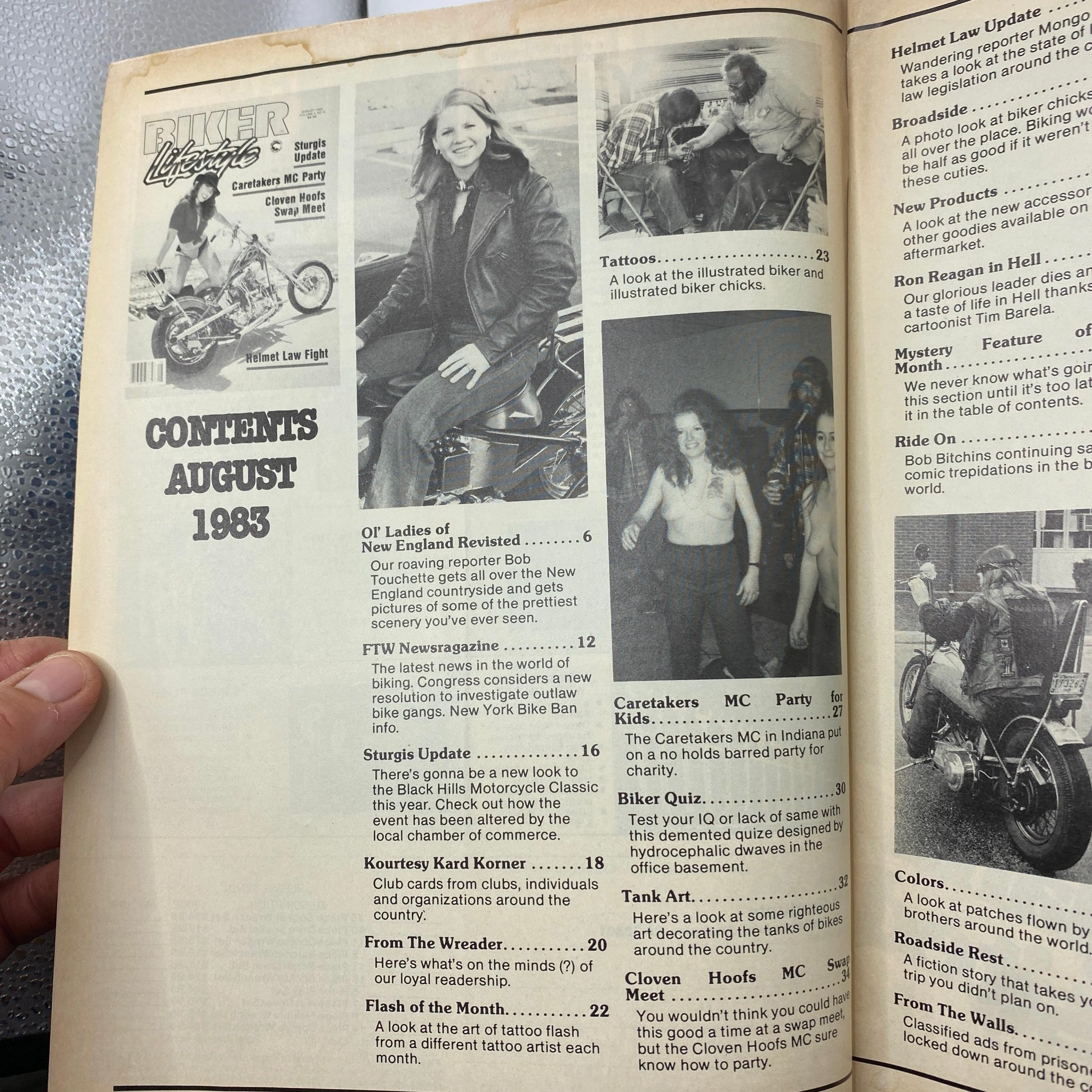 Contents page of VTG Biker Lifestyle Magazine August 1983 showing articles and features about motorcycle culture, including Cloven Hoofs Swap Meet.