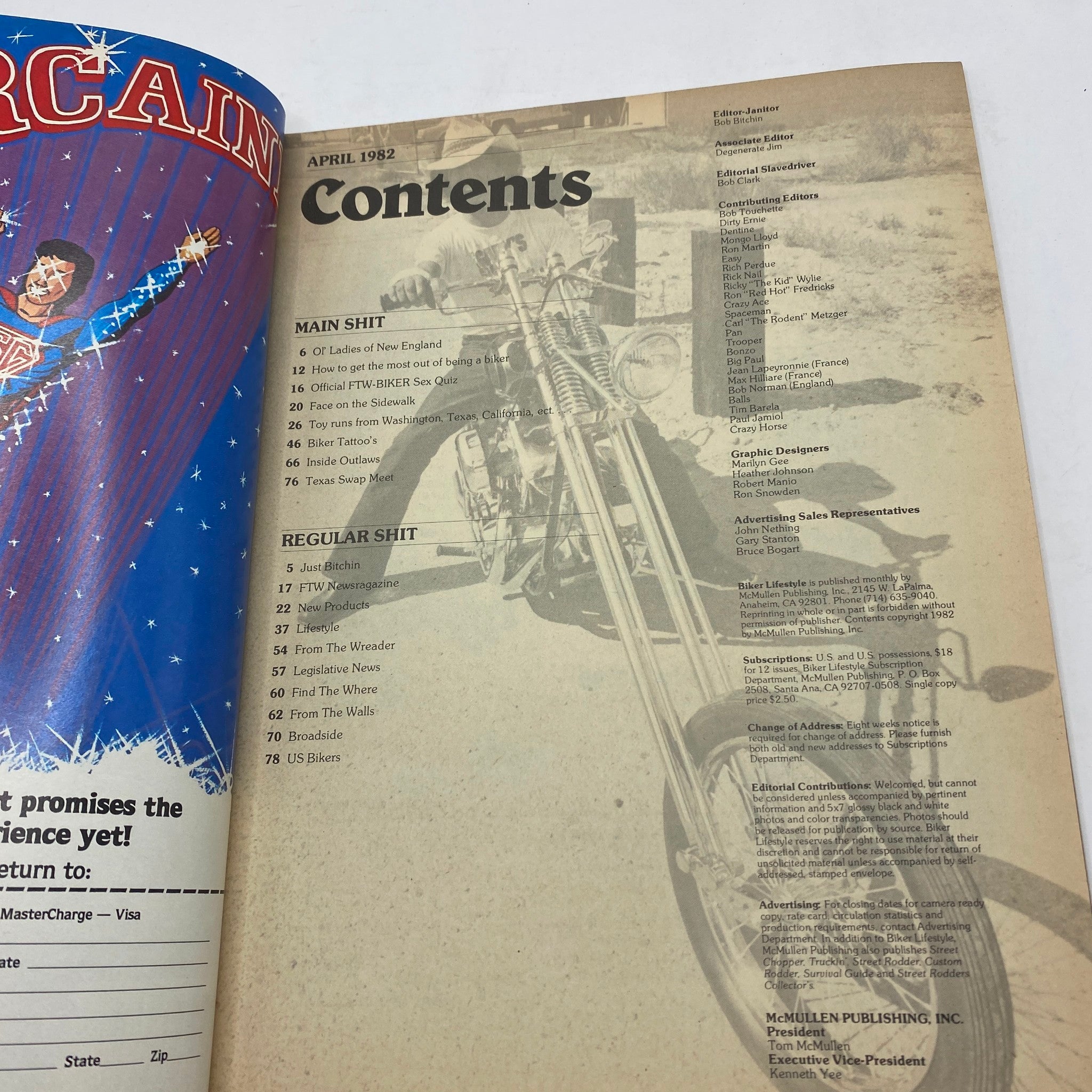Inside contents page of VTG Biker Lifestyle Magazine April 1982, listing articles including Ol' Ladies of New England and various features on biker culture.