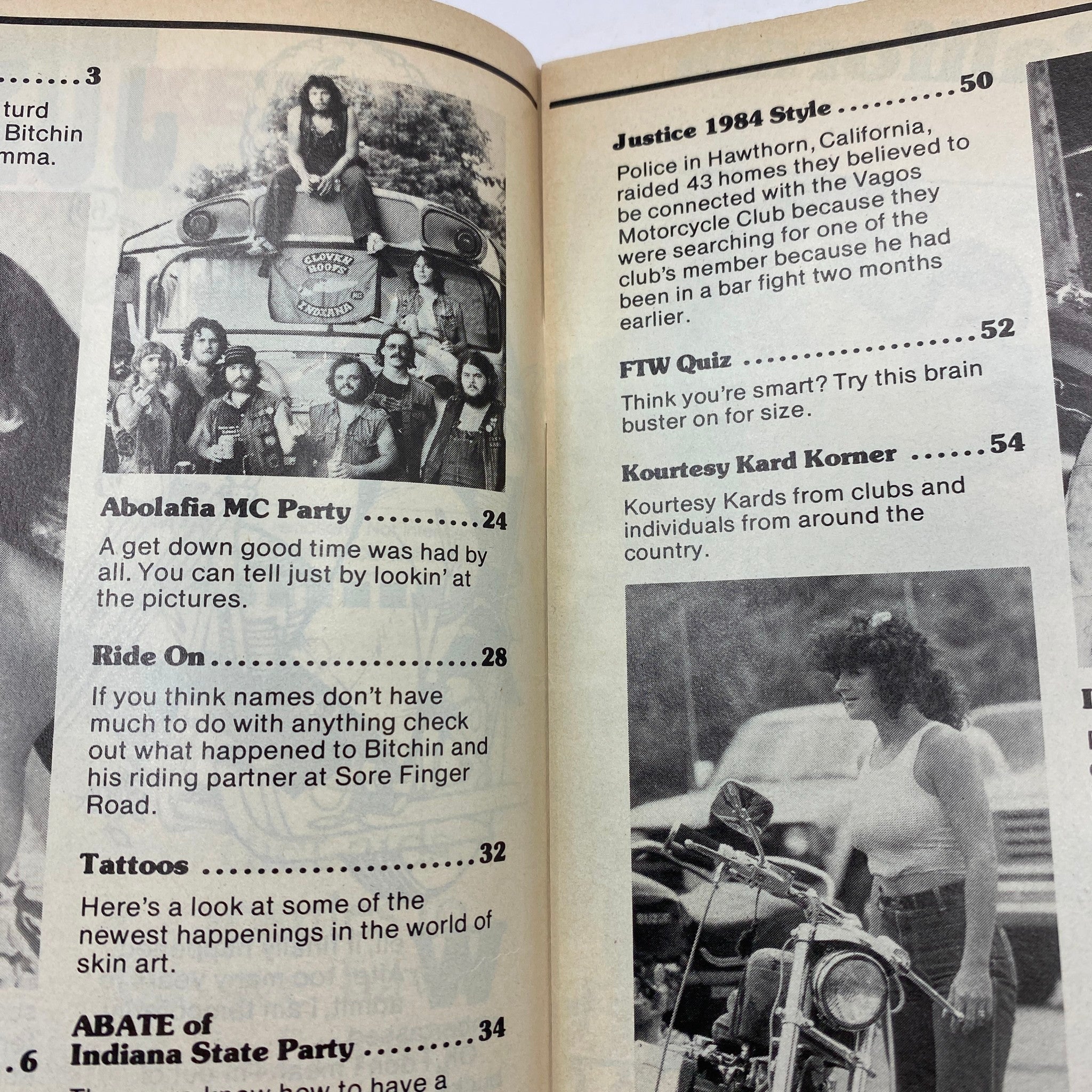Inside page of VTG Biker Lifestyle Magazine January 1984, Volume 4, Number 1 featuring articles on biker culture, including Abolafia MC Party and Ride On.