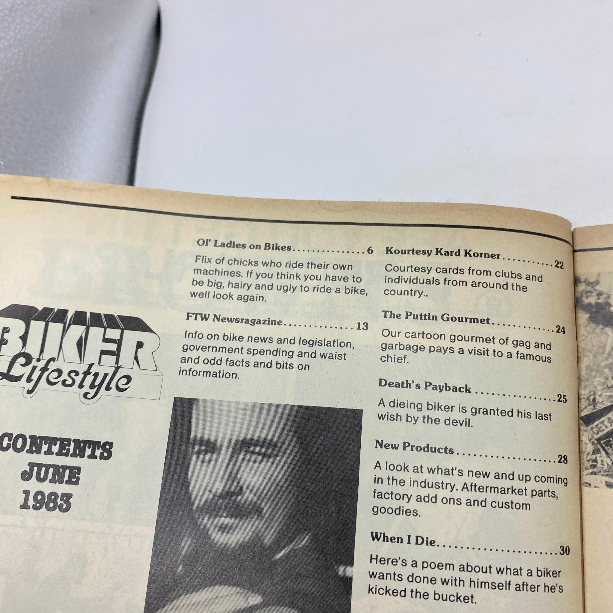 Contents page of the VTG Biker Lifestyle Magazine June 1983, outlining articles including 'OF Ladies on Bikes' and 'FTW Newsragazine'.