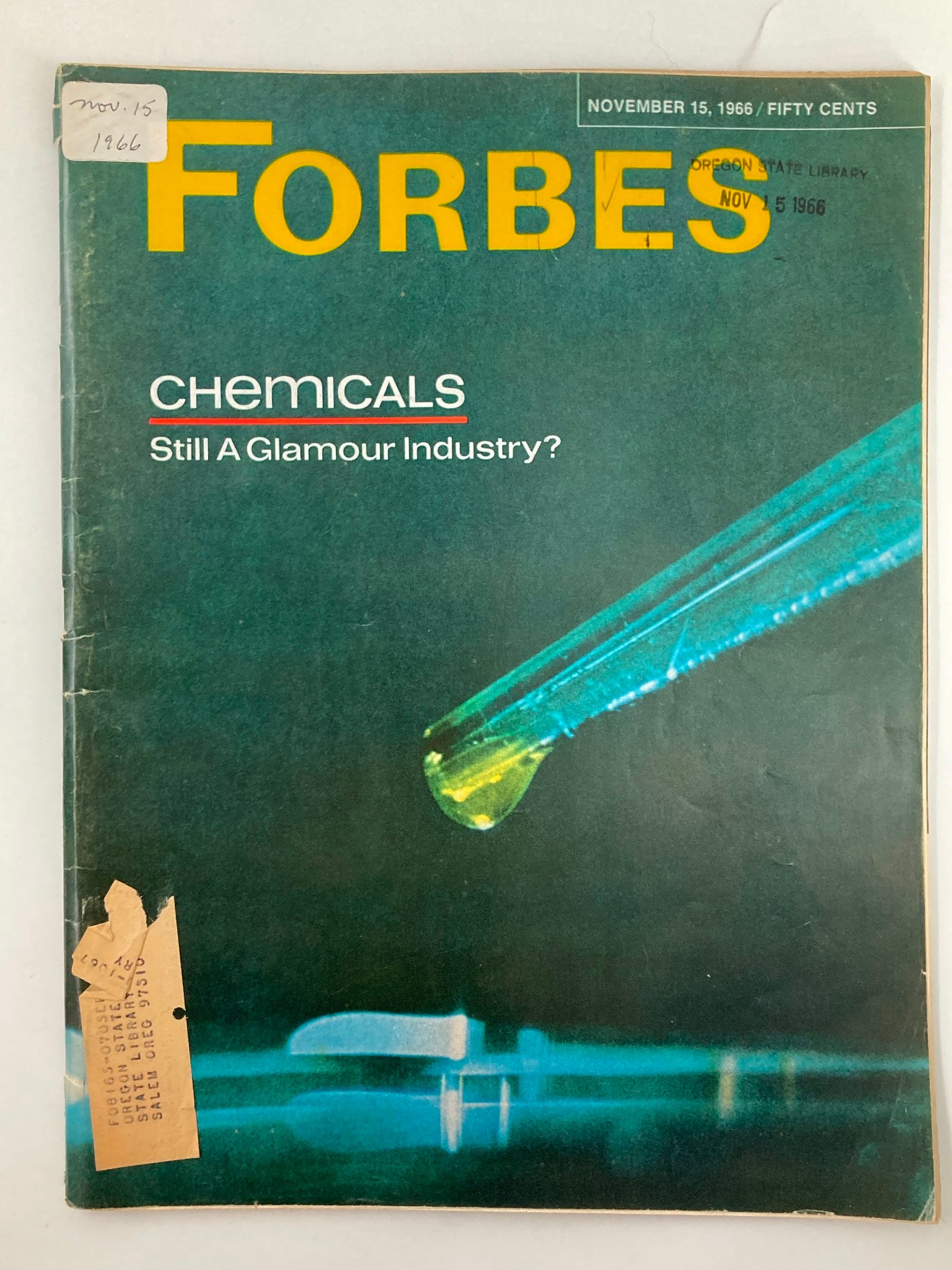Cover of the VTG Forbes Magazine from December 15, 1966, featuring the headline 'Chemicals Still A Glamour Industry?' with an image of a test tube and dropper. Ideal for collectors and historians.