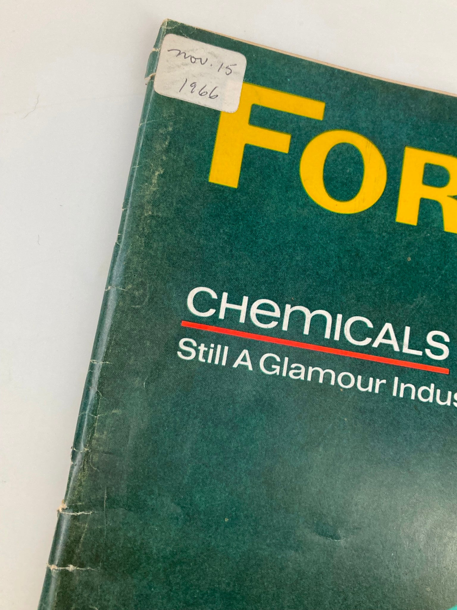 Close-up of the cover of VTG Forbes Magazine December 15 1966, showing the title 'Forbes' and the question 'Chemicals Still A Glamour Industry?' with a vintage aesthetic.