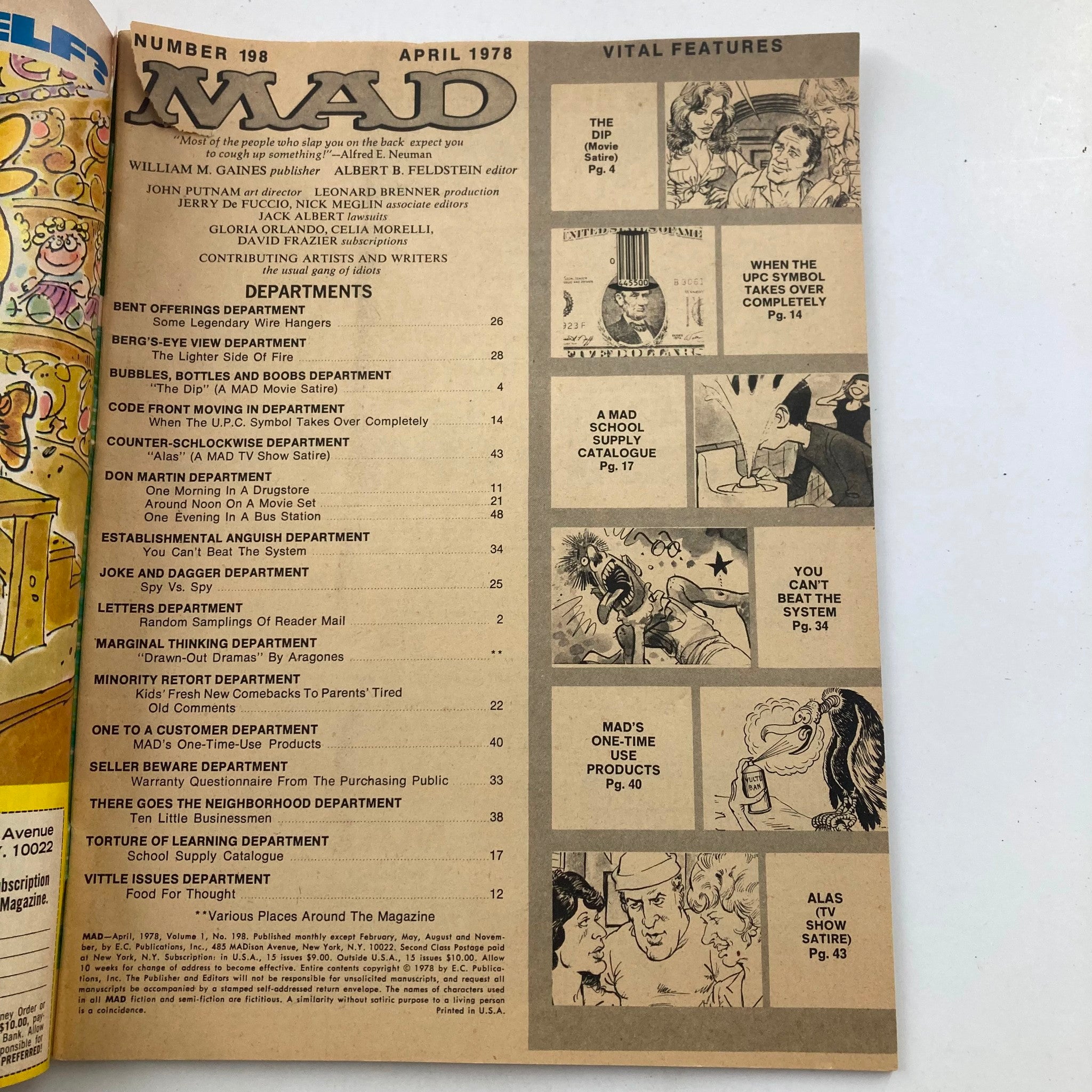 Contents page of Mad Magazine April 1978 No. 198 featuring departments and vital features including 'The Dip' movie satire and various comedic sections.