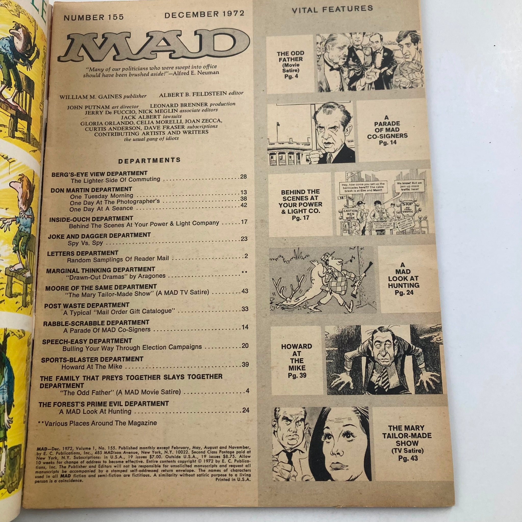 Inside page of Mad Magazine December 1972 No. 155 with table of contents highlighting various humor sections and features.