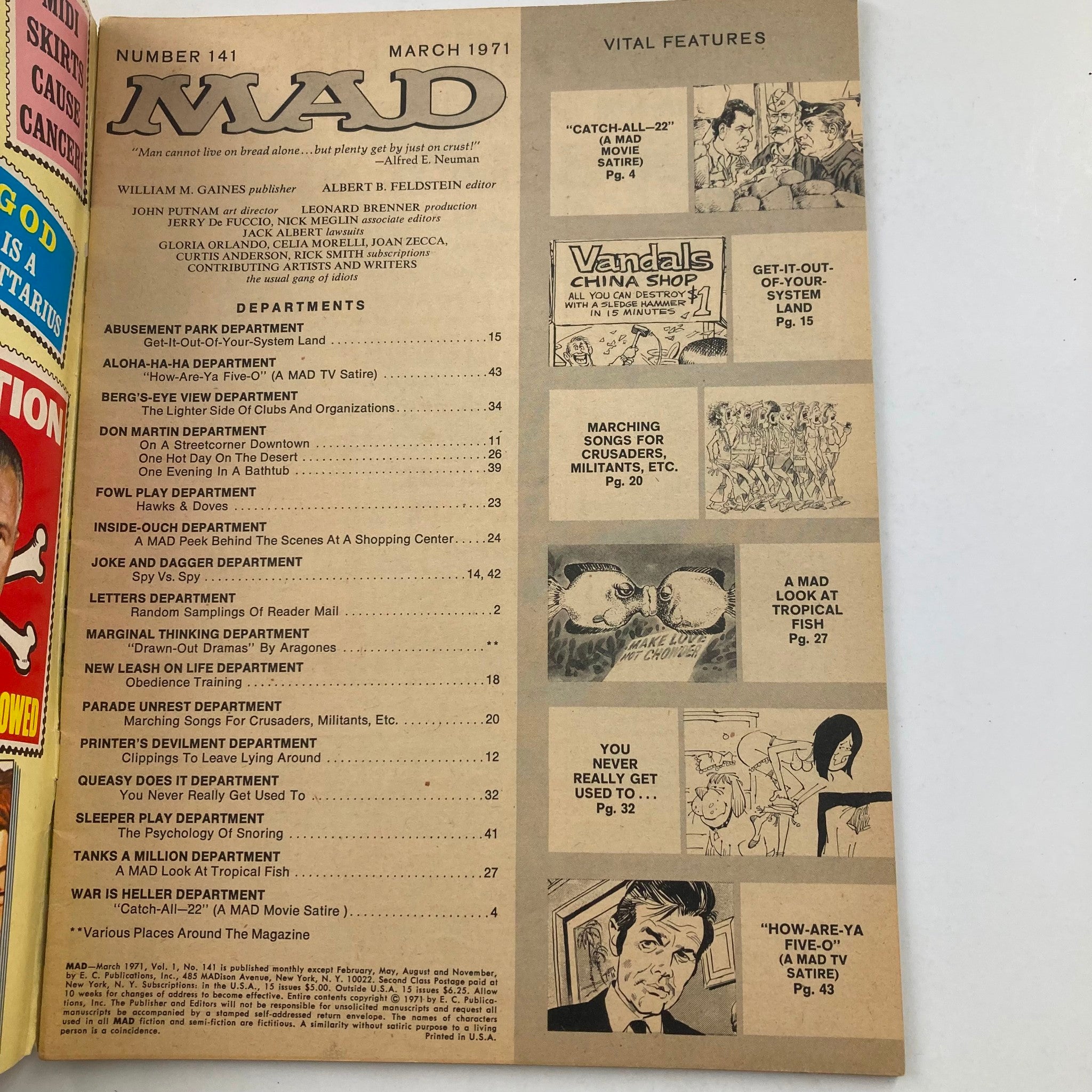 Interior page from Mad Magazine March 1971 No. 141, featuring the table of contents and sections with humor and satire themes.