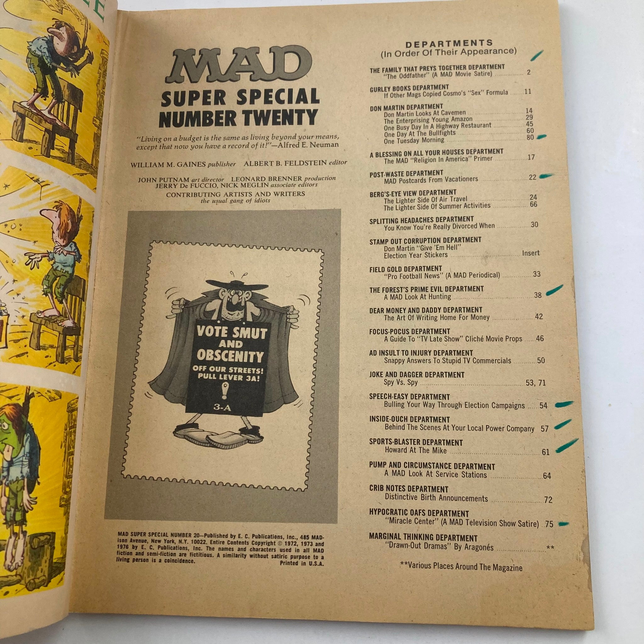 Interior page of Mad Magazine Super Special 1976 No. 20 displaying magazine departments and illustrations, highlighting the magazine's humor and satire from the mid-1970s.