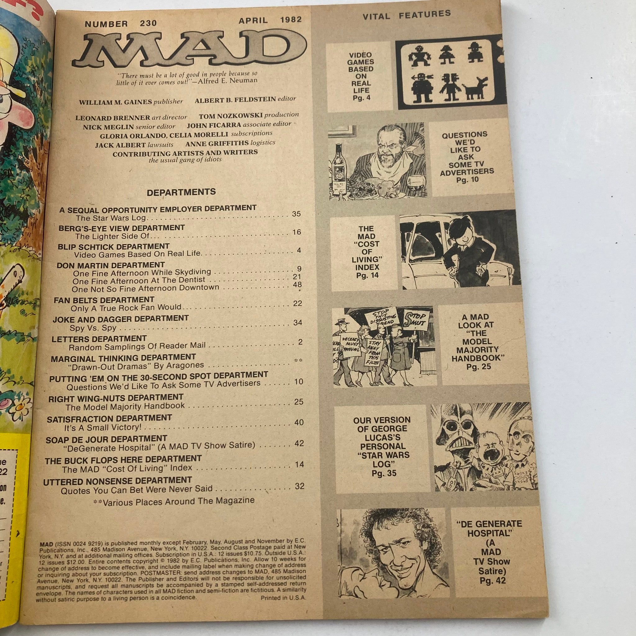 Interior page of Mad Magazine April 1982 No. 230, showcasing the table of contents and a variety of comedic department headers, highlighting the magazine's satirical approach to pop culture.