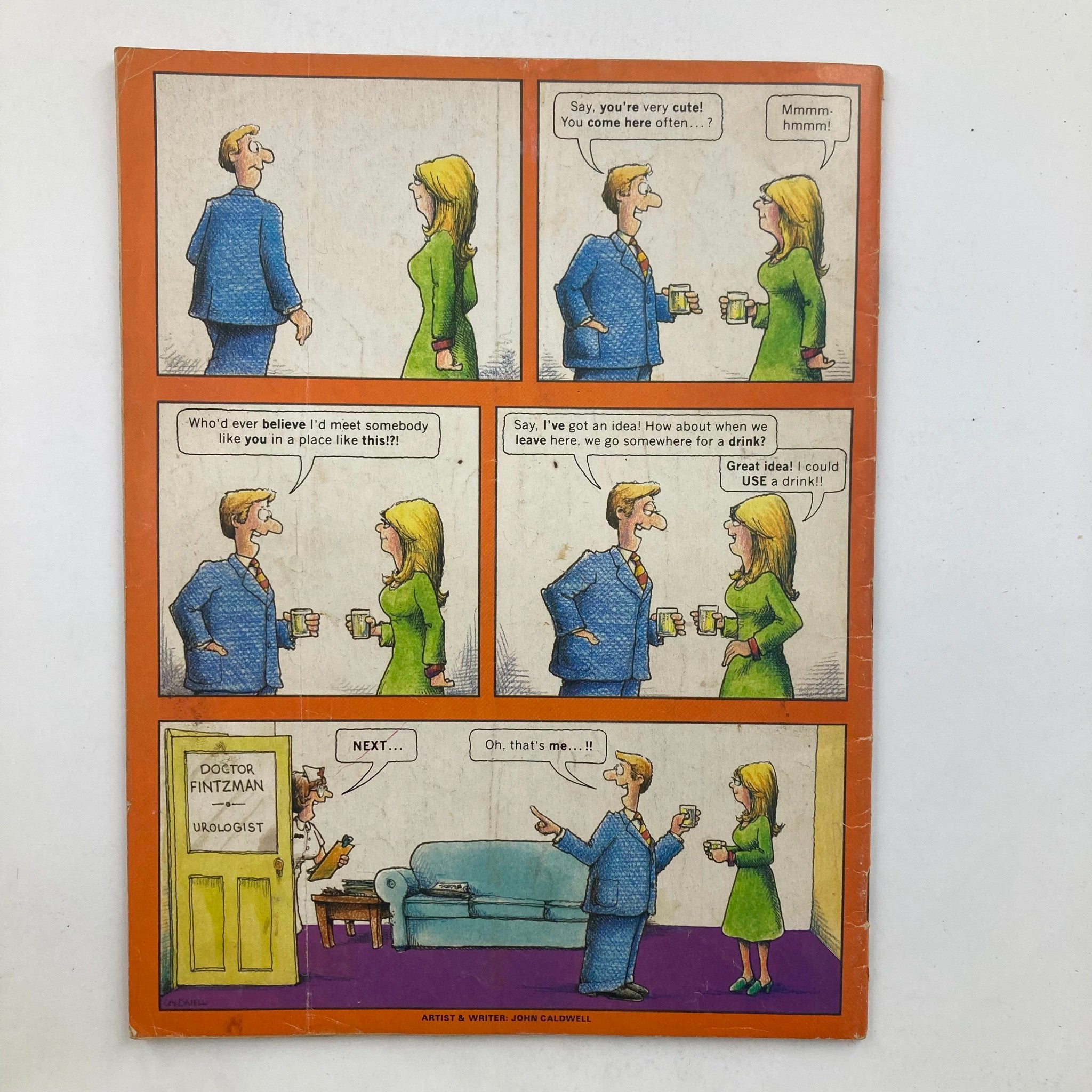 Mad Magazine April 1982 No. 230 The Star Wars Log features a humorous comic strip illustration with two characters engaging in playful conversation about meeting in a bar, with a twist ending involving a urologist. Ideal for collectors of vintage magazines and fans of classic humor.