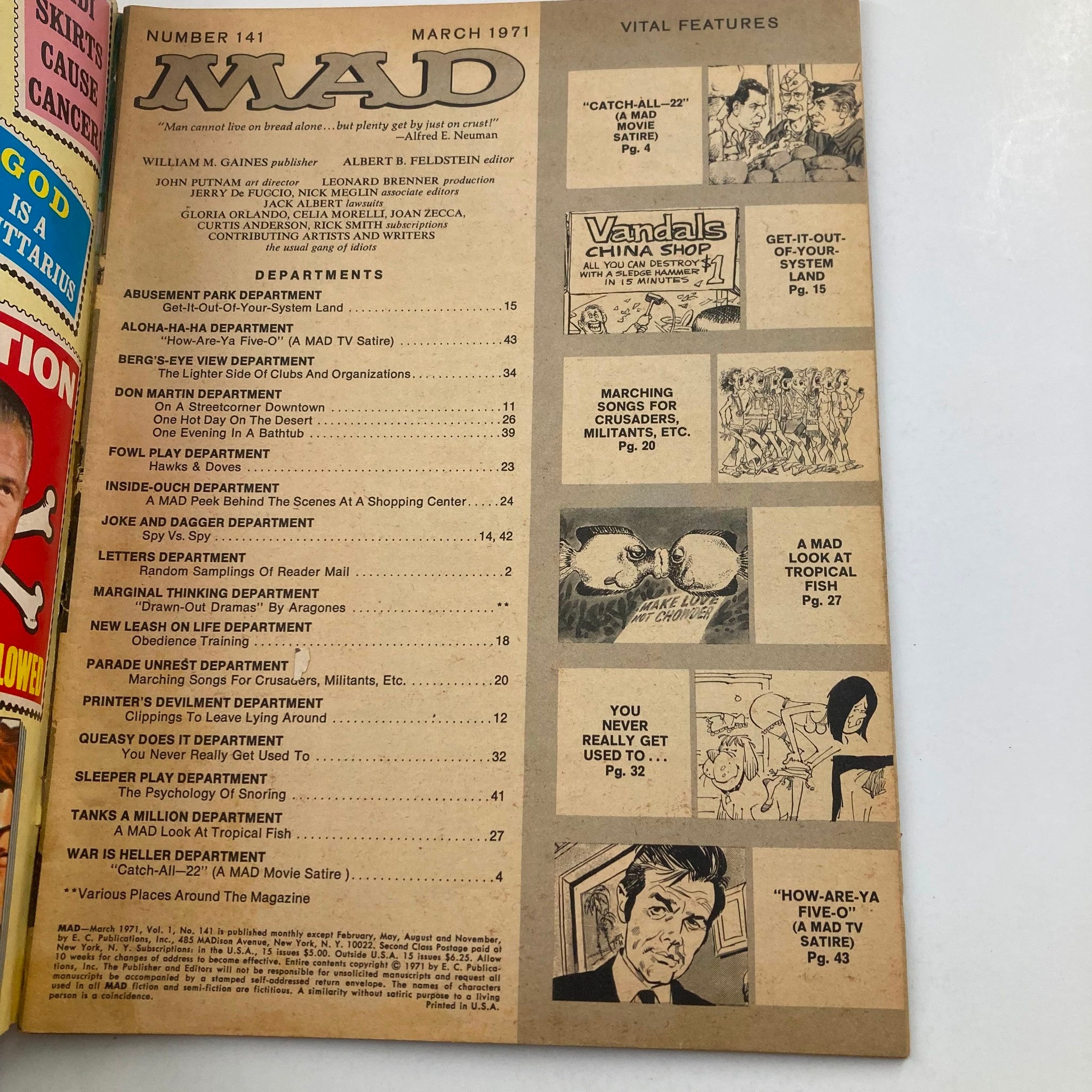 Inside page of Mad Magazine March 1971 No. 141 The Catch-All-22 showing the table of contents and various features, showcasing the magazine's vintage layout and humor.