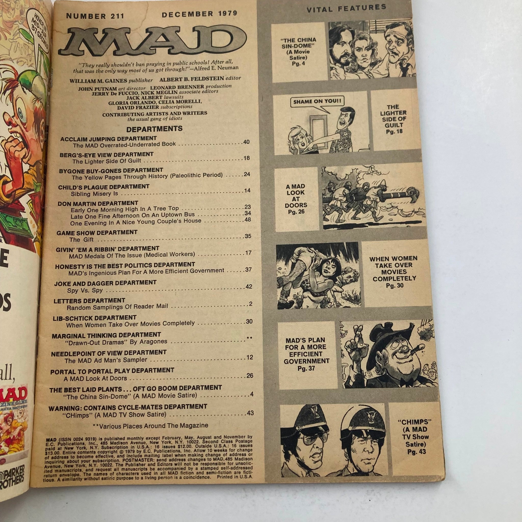 Interior page of Mad Magazine December 1979 No. 211, showcasing the table of contents with various departments and features, reflecting the magazine's satirical commentary and humor.
