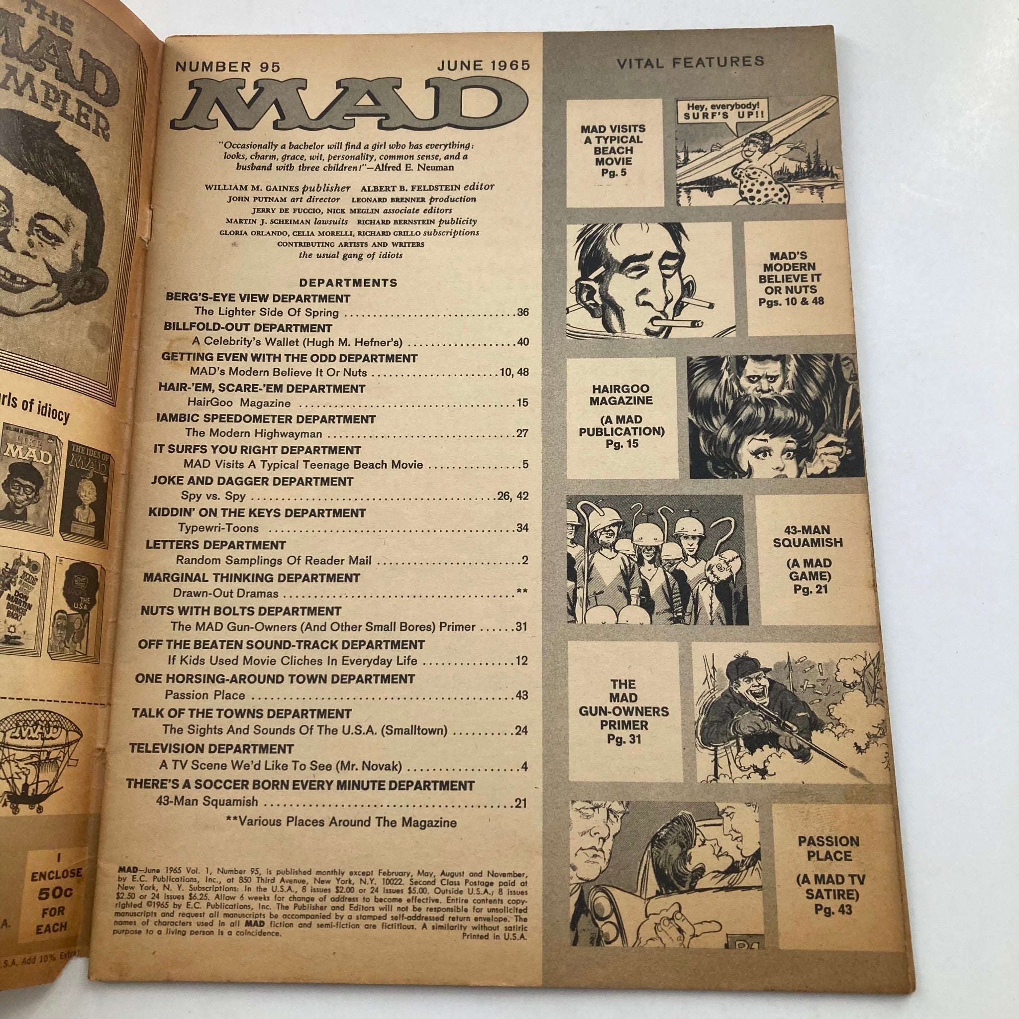 Interior page showcasing the index and contents of Mad Magazine June 1965 No. 95 The Modern Highwayman, featuring various departments and comic illustrations.