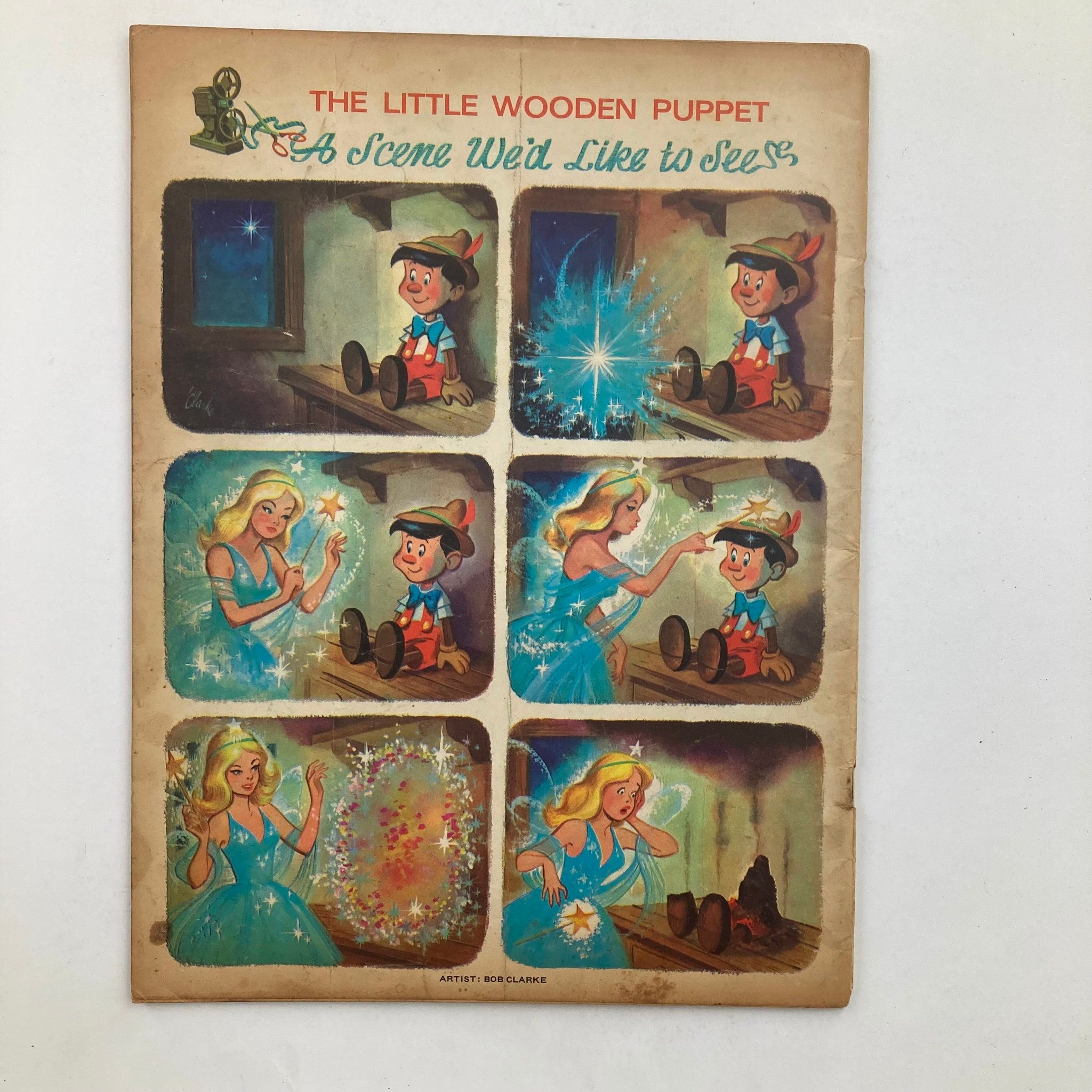Cover page of a vintage illustration titled 'The Little Wooden Puppet: A Scene We’d Like to See,' featuring colorful scenes with Pinocchio and a fairy.