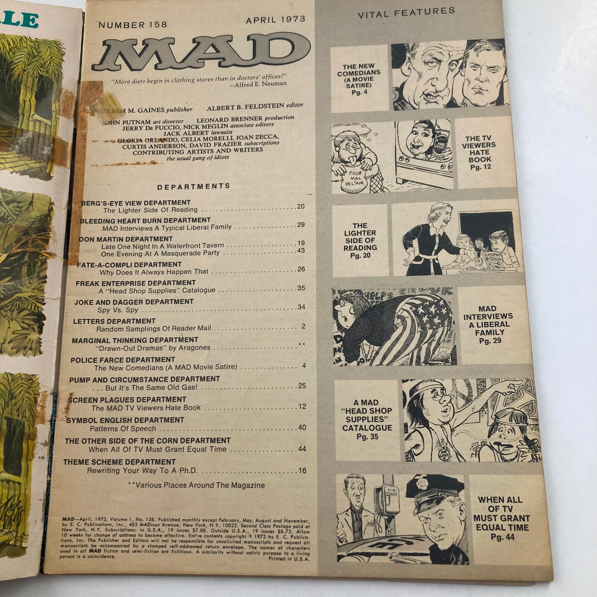 Interior page of Mad Magazine April 1973 No. 158 displaying the table of contents with various segments including features about humor, satire, and cultural commentary.