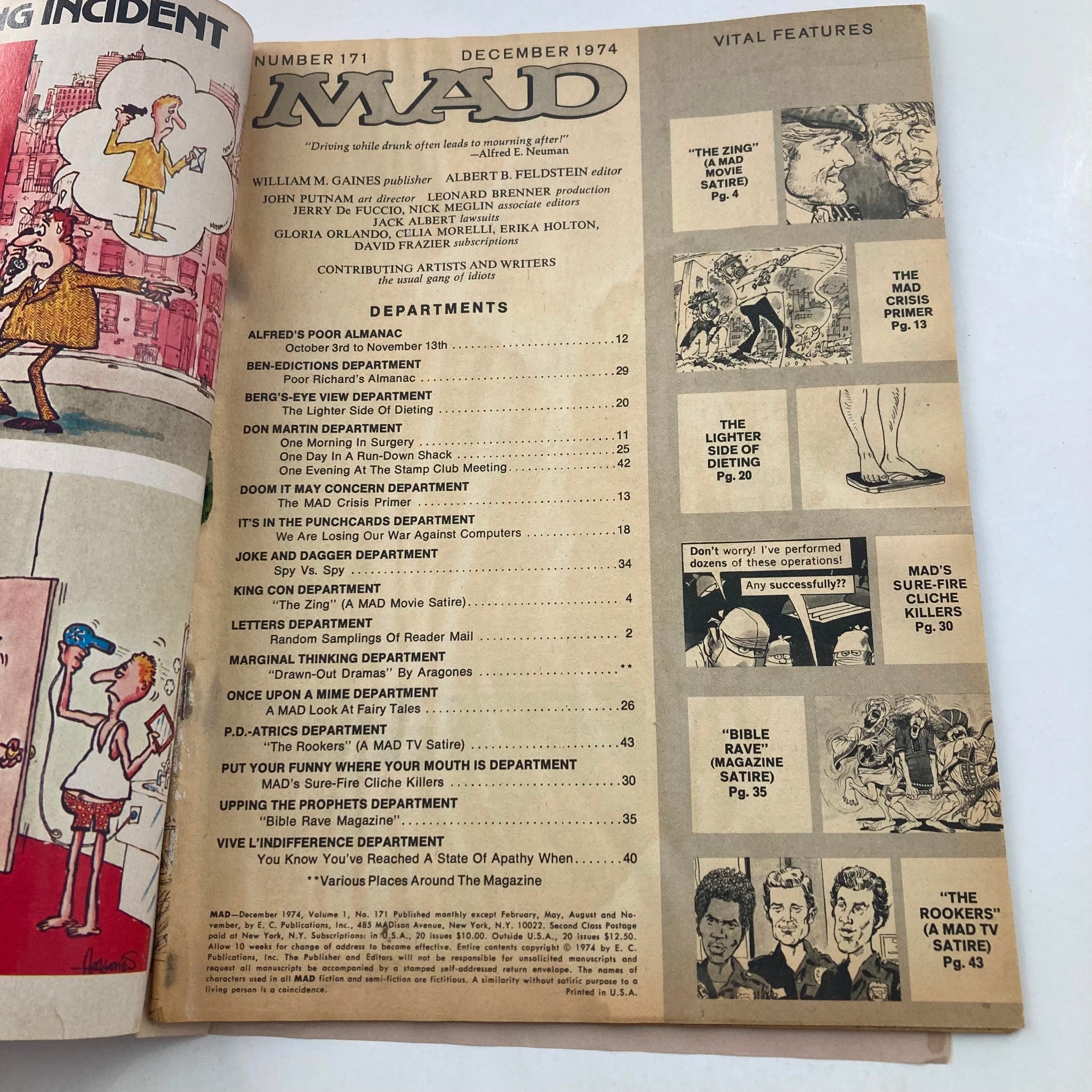 Inside page of Mad Magazine December 1974 No. 171 listing the departments and features of the magazine, illustrating its structure and content organization. A glimpse into the classic humor from this vintage issue.