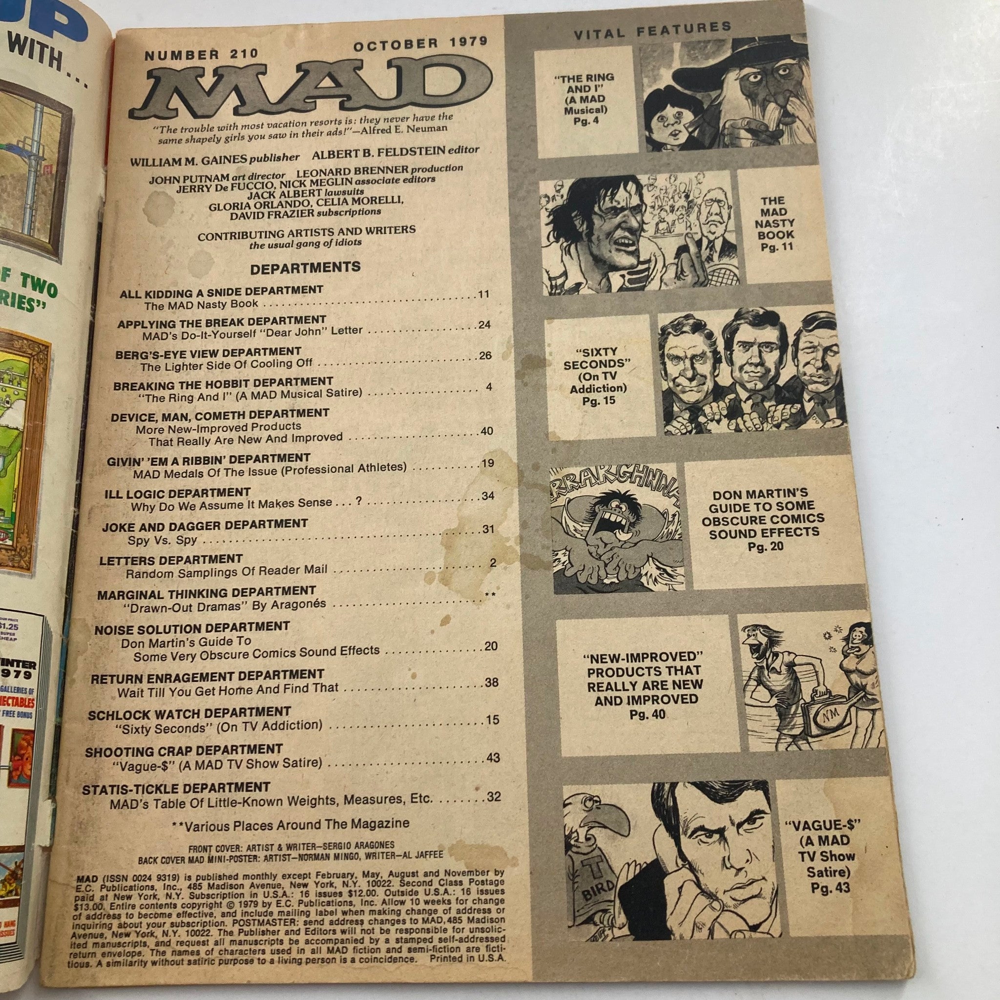 Table of contents of Mad Magazine October 1979 No. 210 showcasing various departments and features, including 'The Ring and I Musical'.